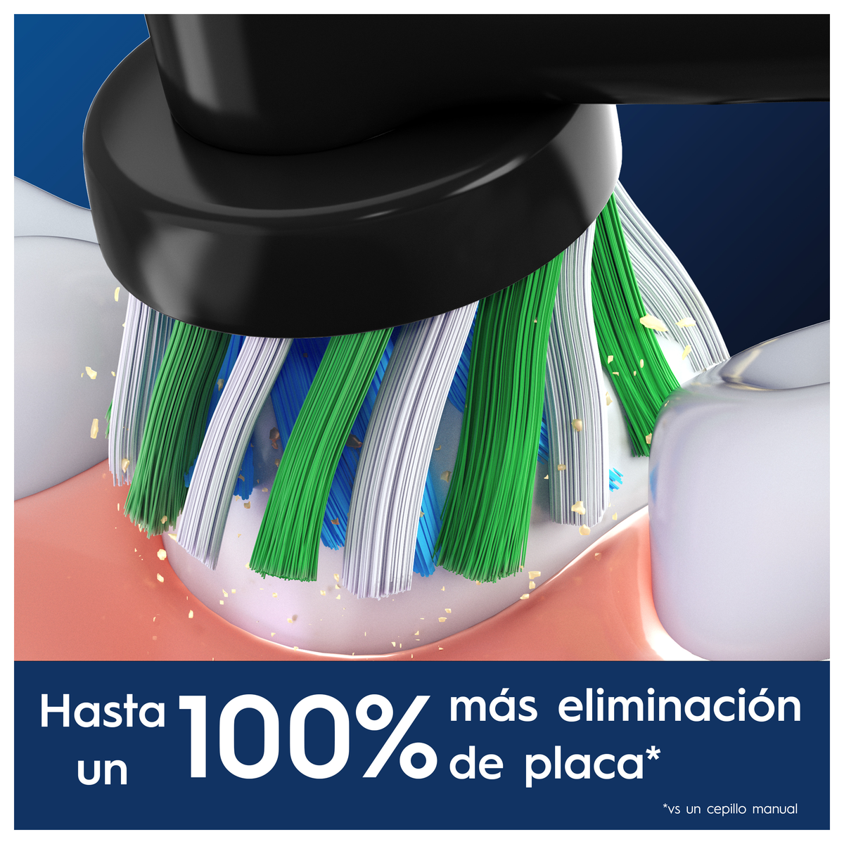 Una testina per spazzolino elettrico con setole verdi, blu e bianche che pulisce i denti.