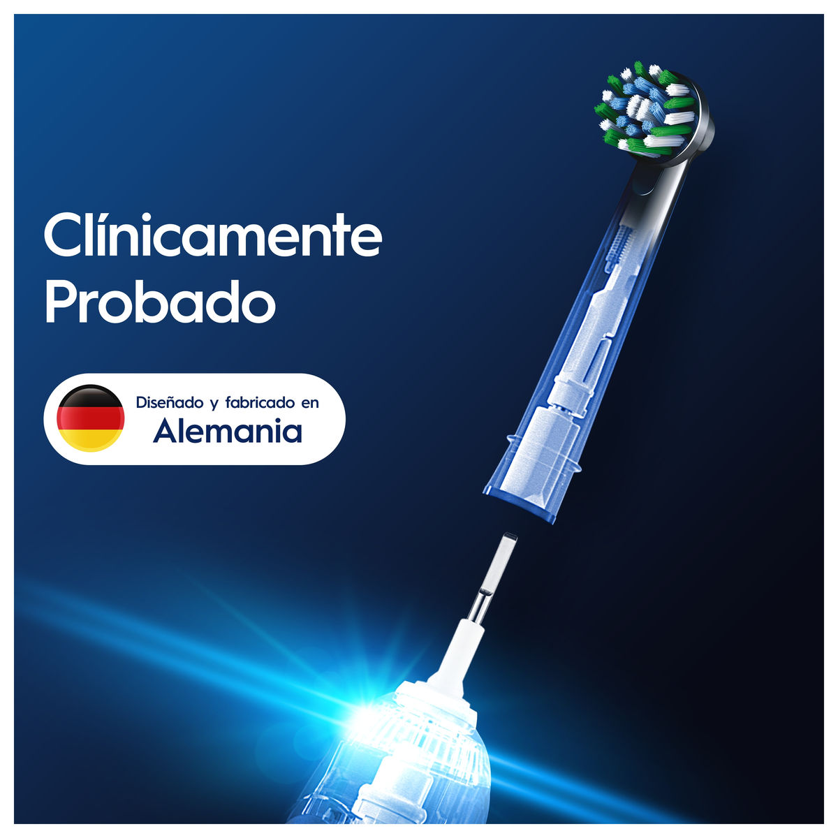 Główka szczoteczki elektrycznej z przekrojem, niemiecki design, na ciemnoniebieskim tle.