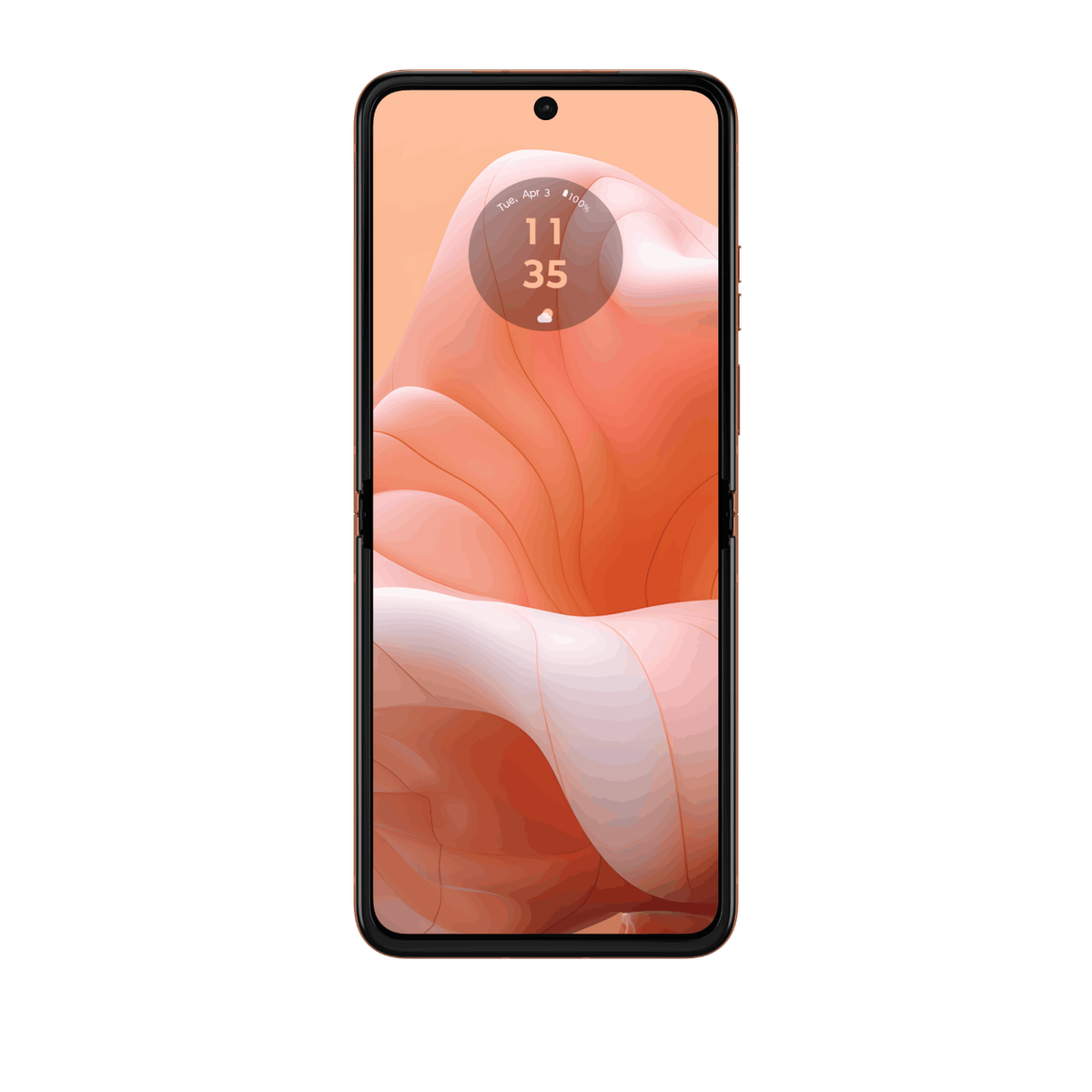 Smartfon z brzoskwiniowym tłem w kształcie fali, wyświetlane informacje o czasie i baterii.