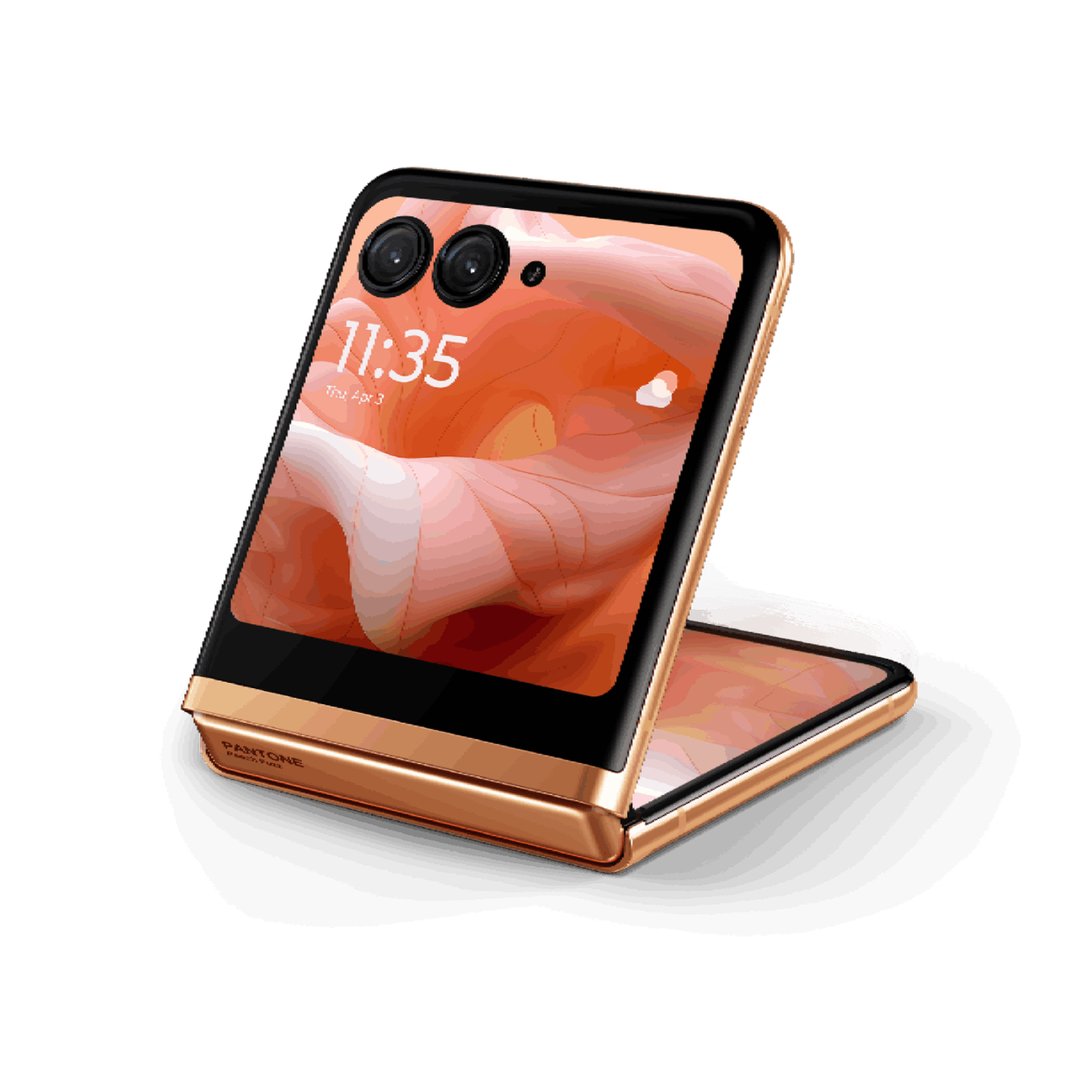 Złoty i czarny składany telefon, pokazujący godzinę i obraz krajobrazu.