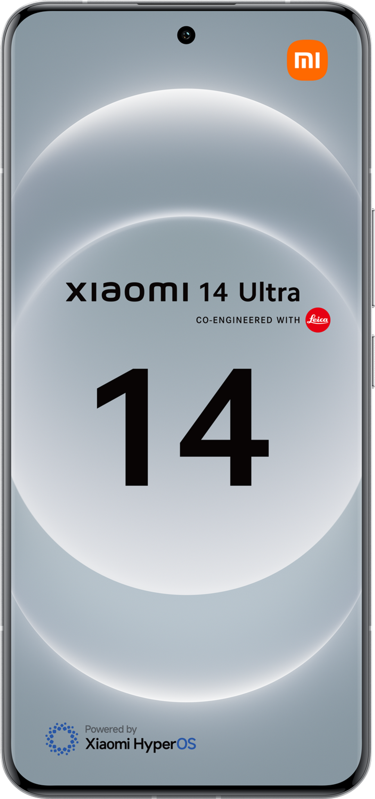 Srebrny smartfon z tekstem 'XIAOMI 14 Ultra' i logo Leica na ekranie.