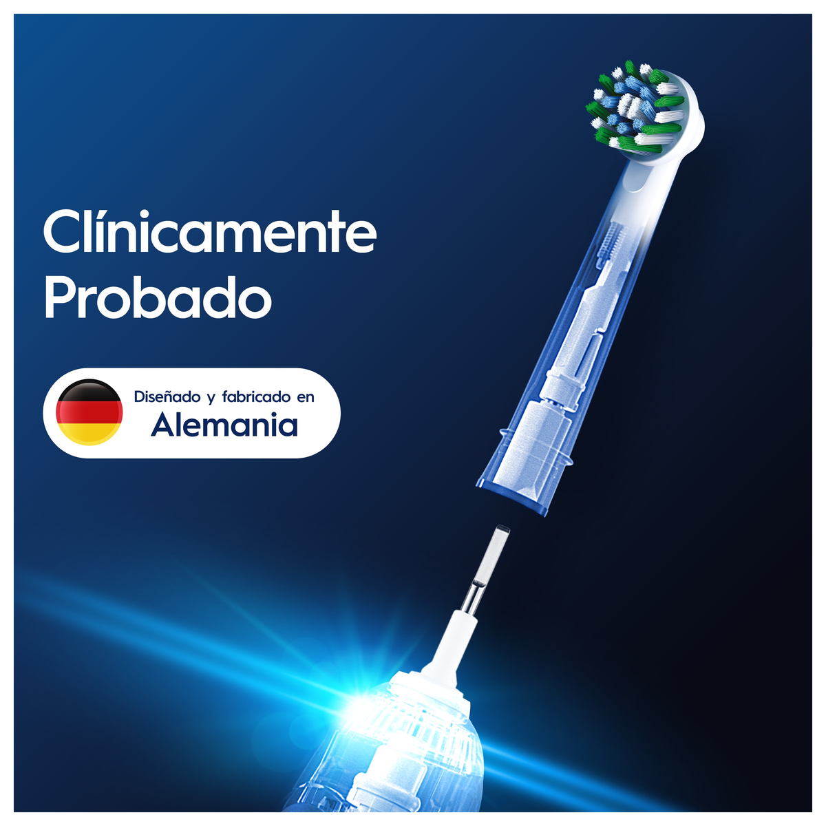 Testina spazzolino elettrico Oral-B, bianca e blu, con testo: Clinicamente testato.