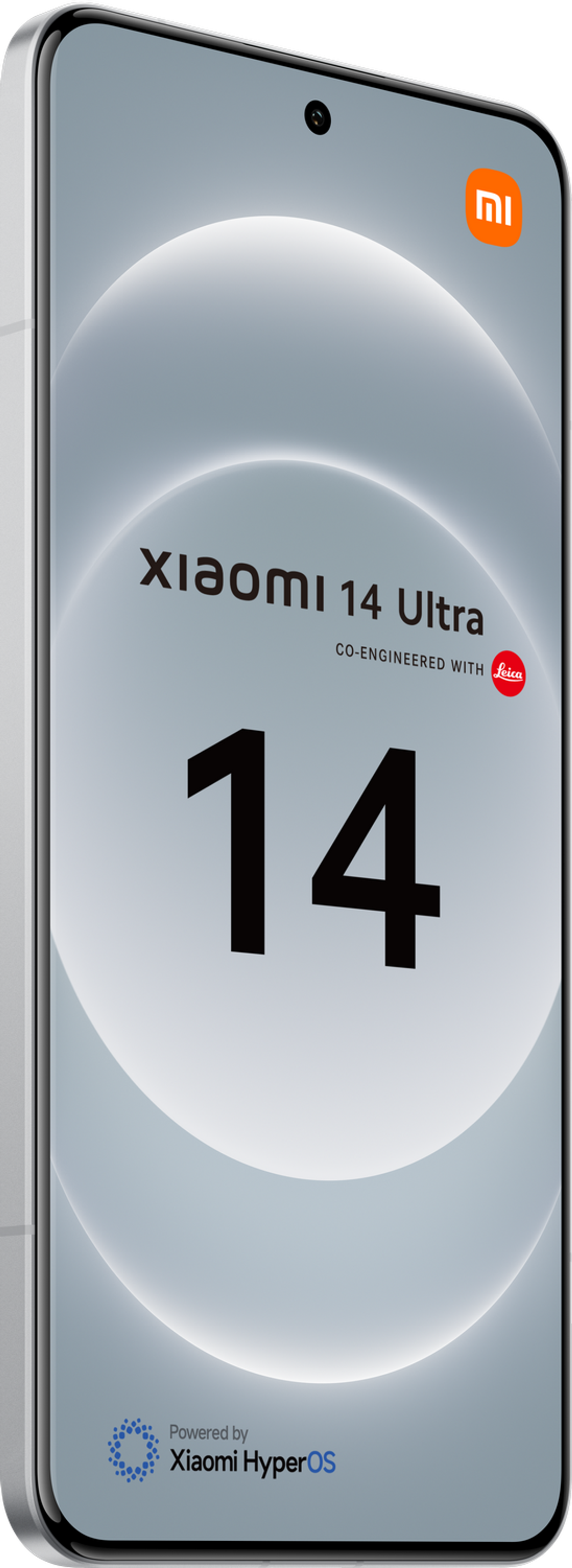 Telefon Xiaomi 14 Ultra w kolorze srebrnym, z numerem 14. Telefon ma logo Leica.