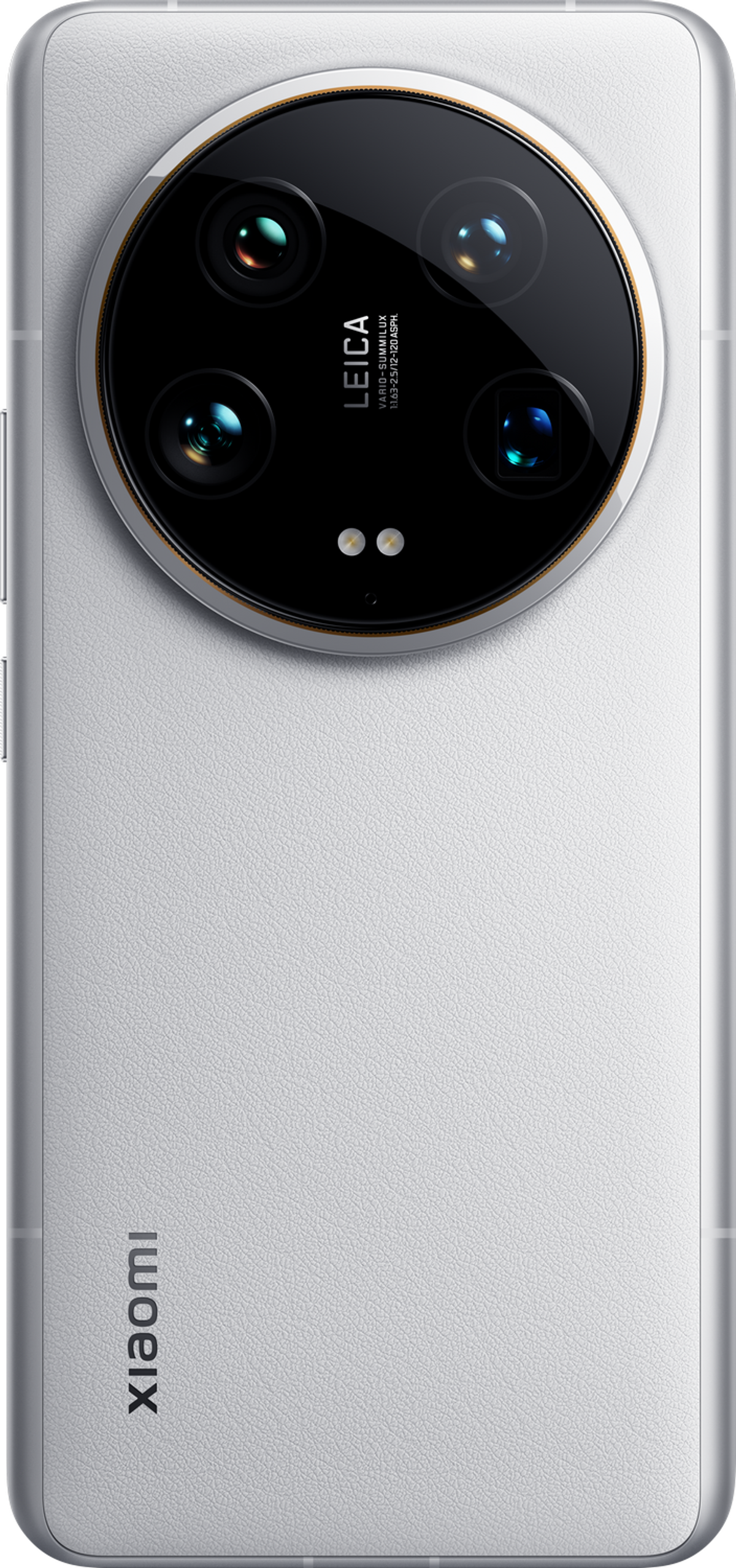 Biały tył telefonu z aparatem Leica. Posiada cztery obiektywy, lampę błyskową i logo Xiaomi.