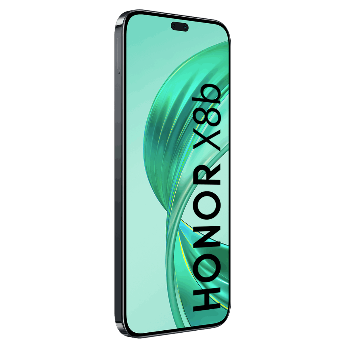 Smartfon z ekranem wyświetlającym tekst "HONOR X8b" na czarnym tle.