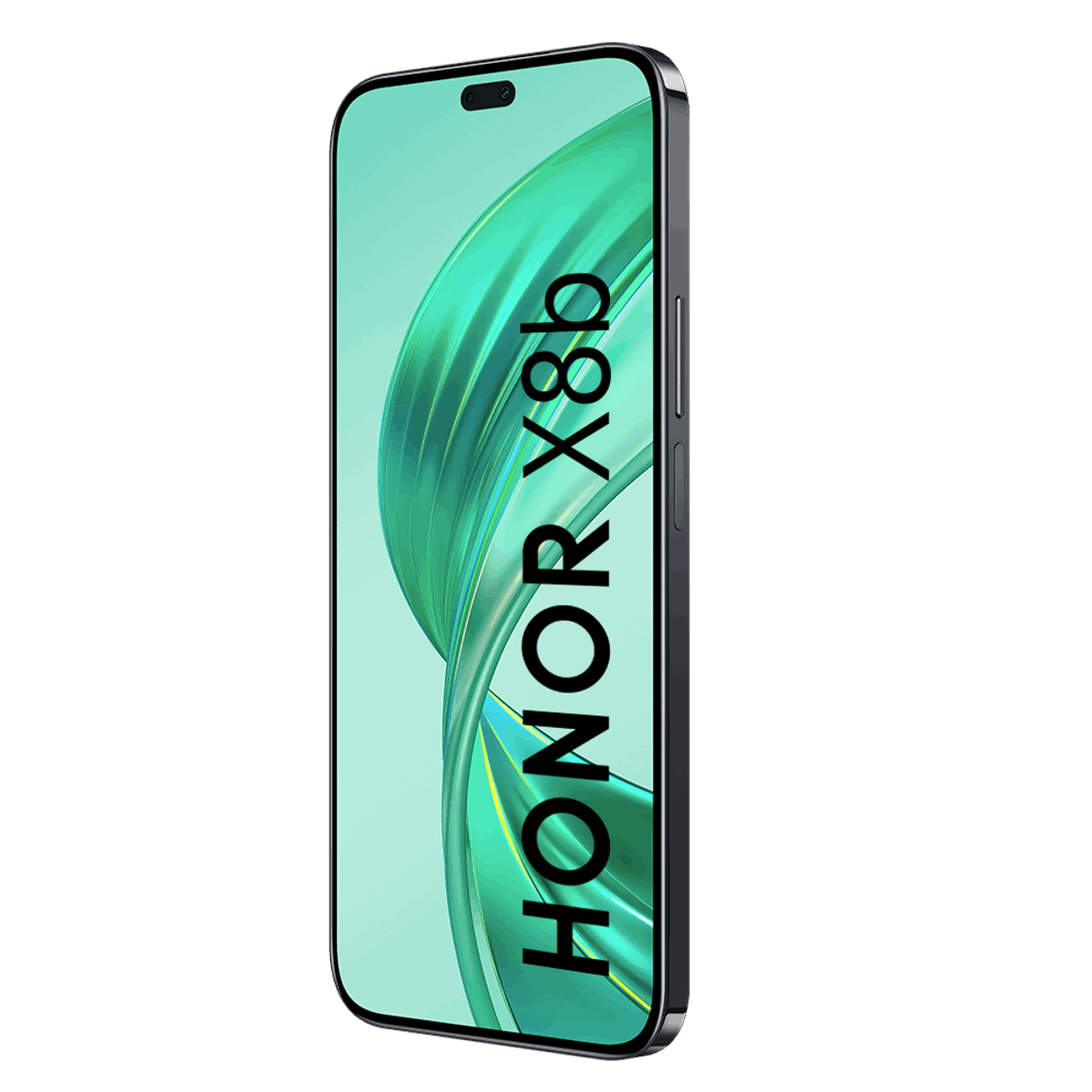 Czarny smartfon Honor X8b, pod kątem na czarnym tle.
