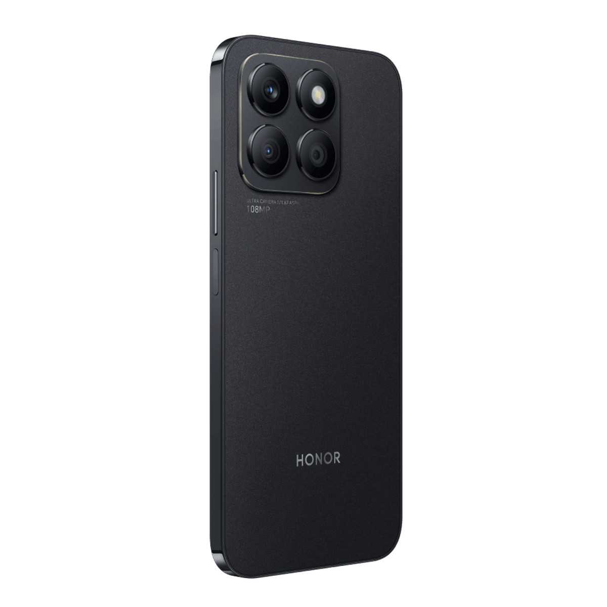 Widok z tyłu czarnego smartfona Honor z systemem kamery na czarnym tle.