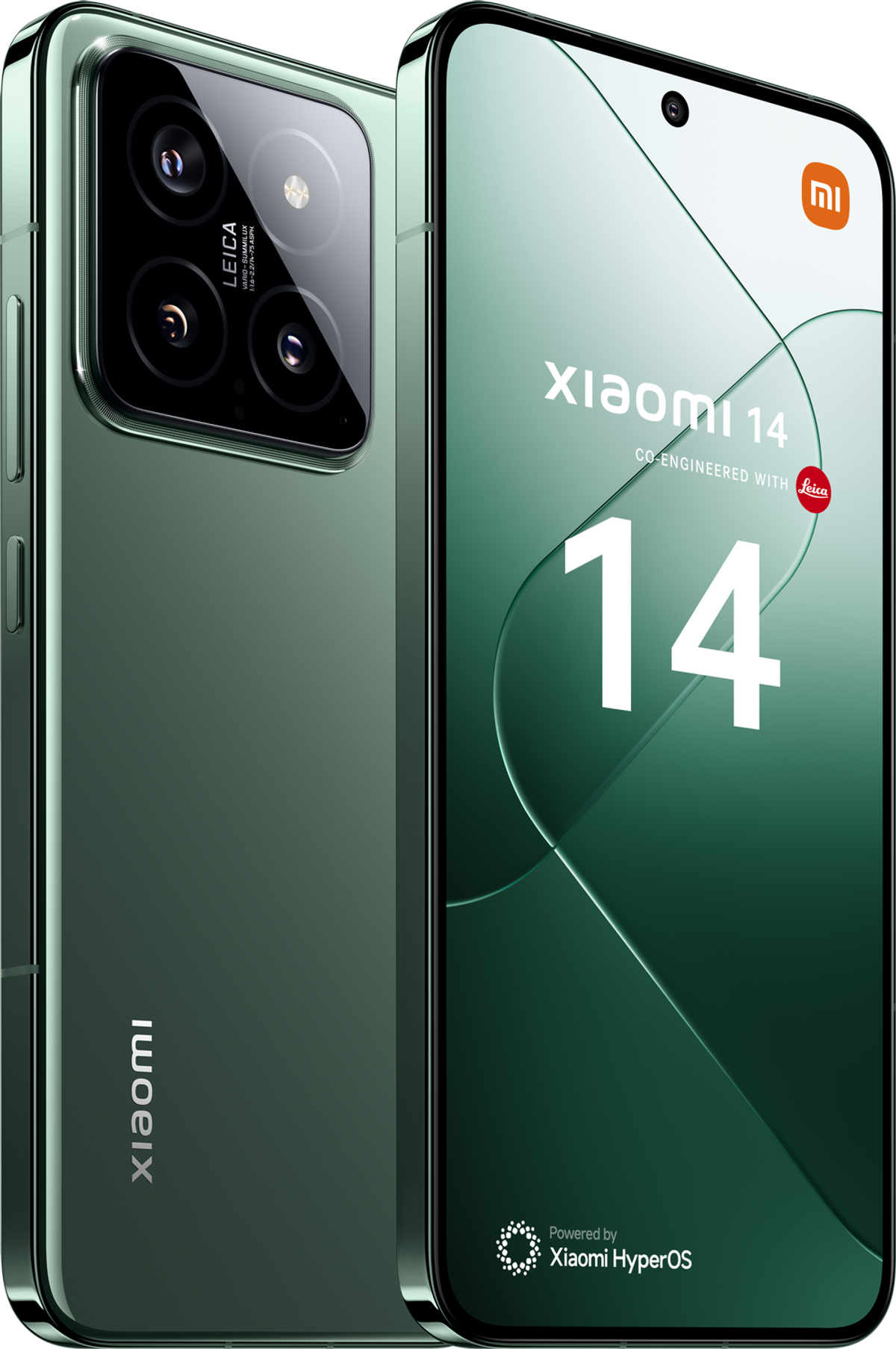 Zielony telefon z wypukłością aparatu i marką Leica. Ekran wyświetla tekst i logo Xiaomi.