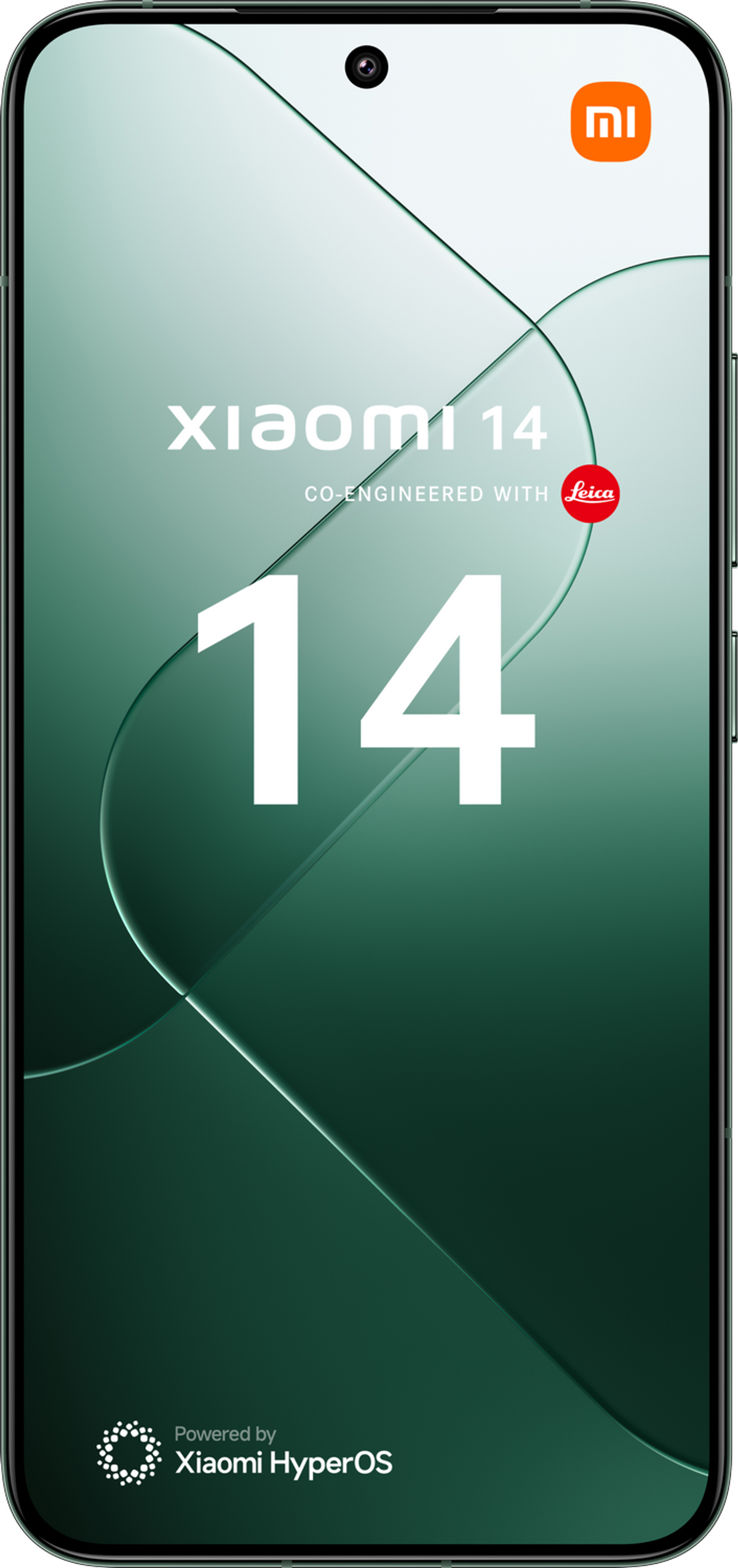 Zielono-biały smartfon Xiaomi 14. Ekran wyświetla numer 14. Białe tło.