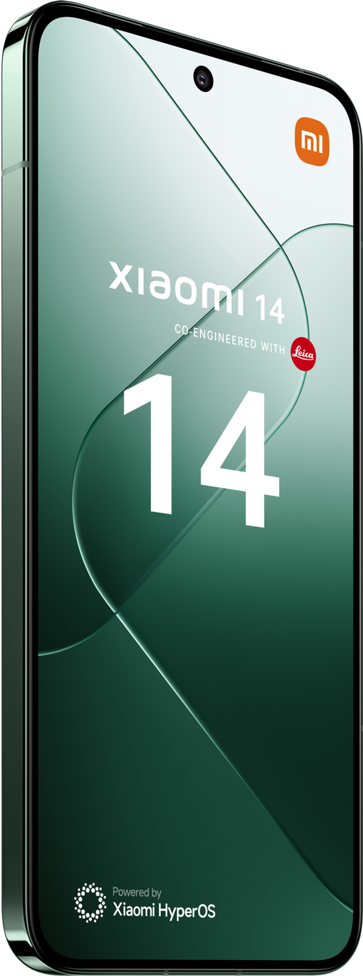 Zielony telefon Xiaomi 14. Pokazuje telefon pod kątem z logo Xiaomi i Leica.