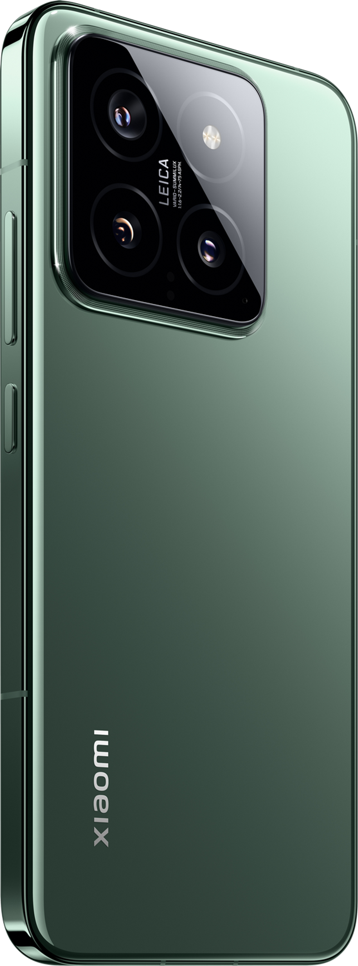 Zielony telefon z wieloma tylnymi aparatami, czarny układ aparatów.