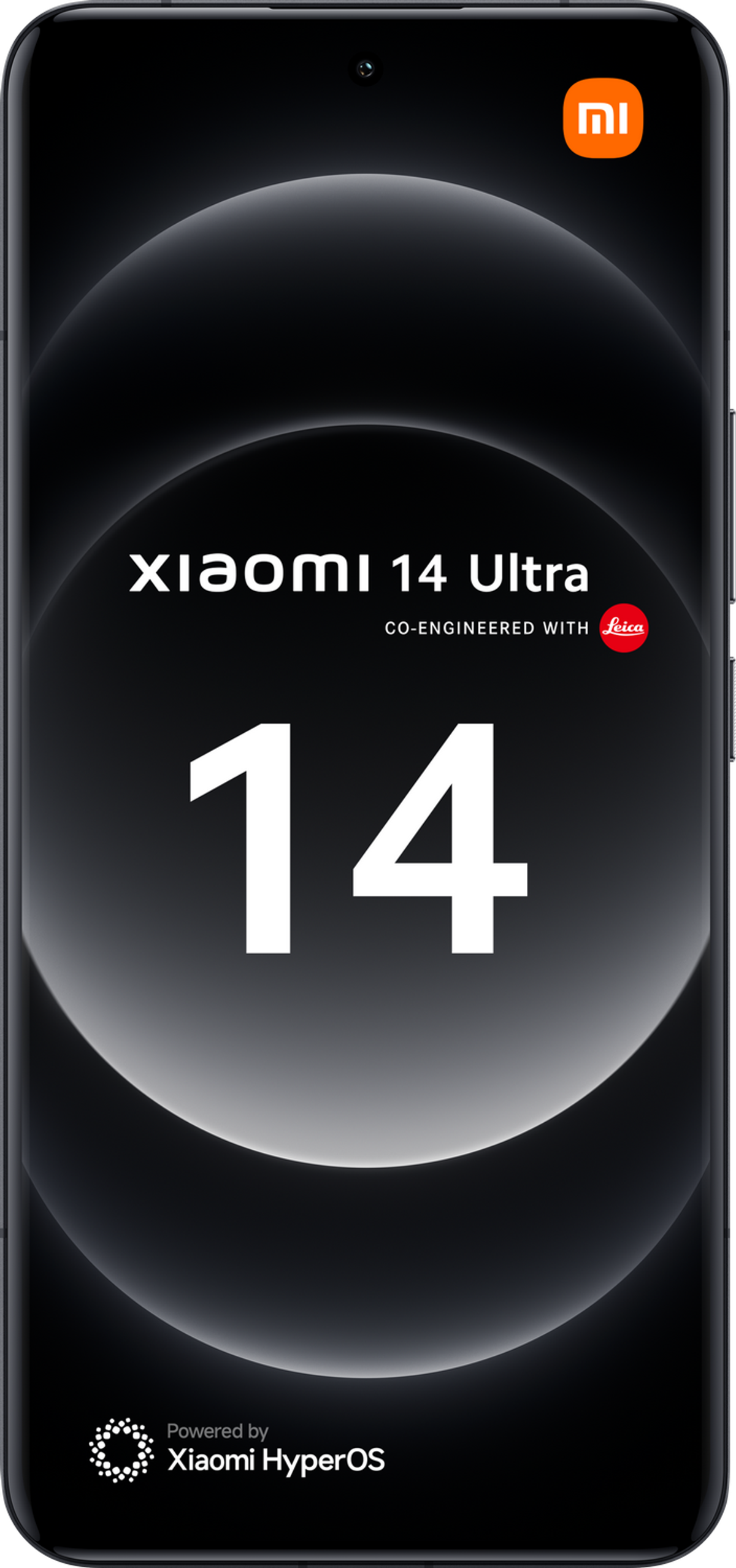 Czarny smartfon Xiaomi 14 Ultra. Czarny ekran z białym tekstem.