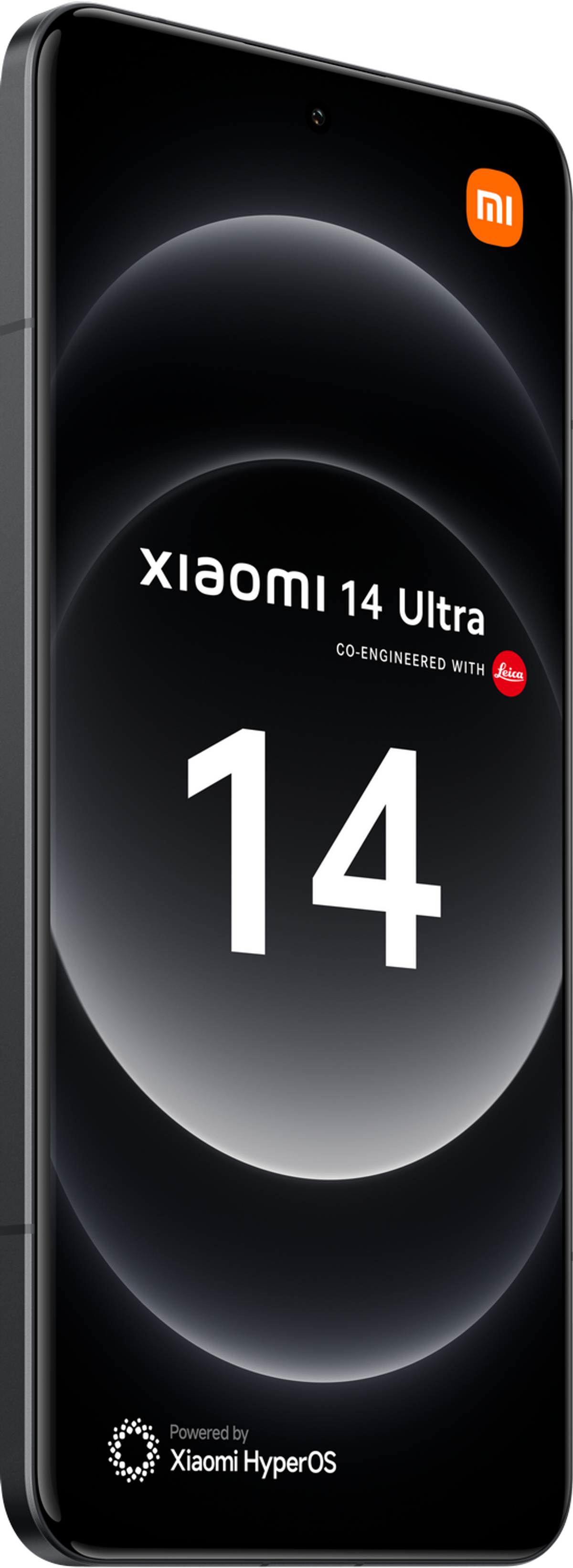Czarny telefon Xiaomi 14 Ultra, pokazujący dużą liczbę 14 i inne marki na czarnym tle.