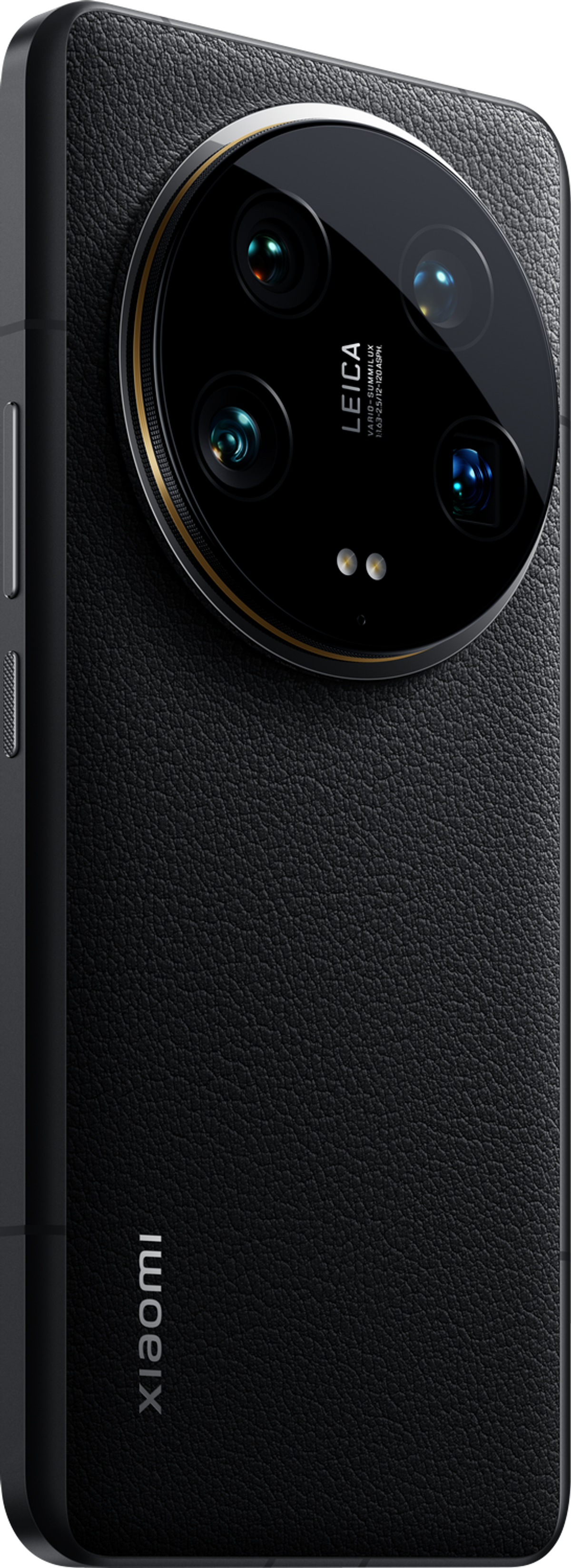 Zbliżenie czarnego smartfona z teksturowanym tyłem, wieloma obiektywami tylnego aparatu.