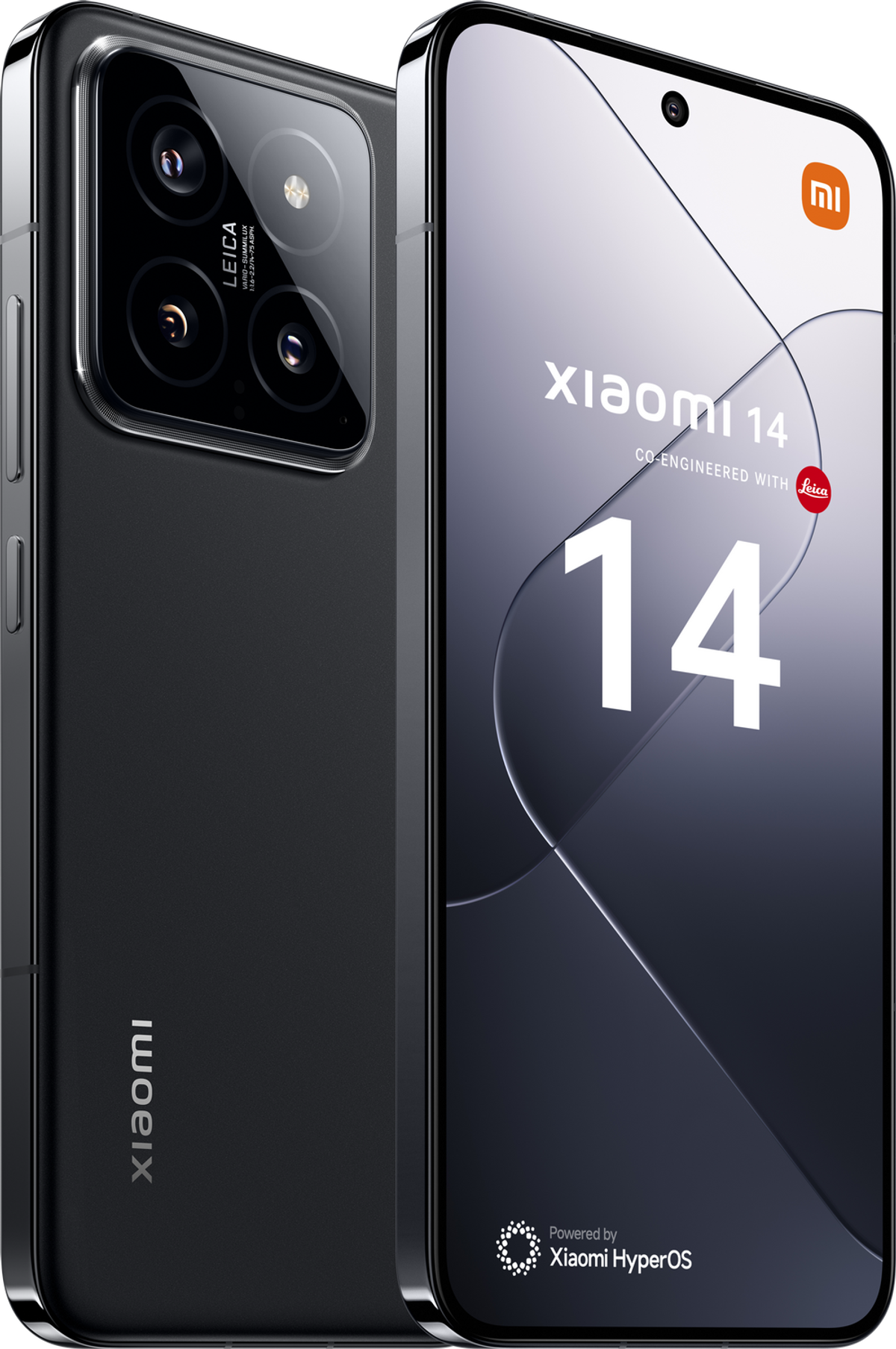 Czarny telefon Xiaomi 14 z wieloma aparatami i wyświetlaczem z nazwą marki.