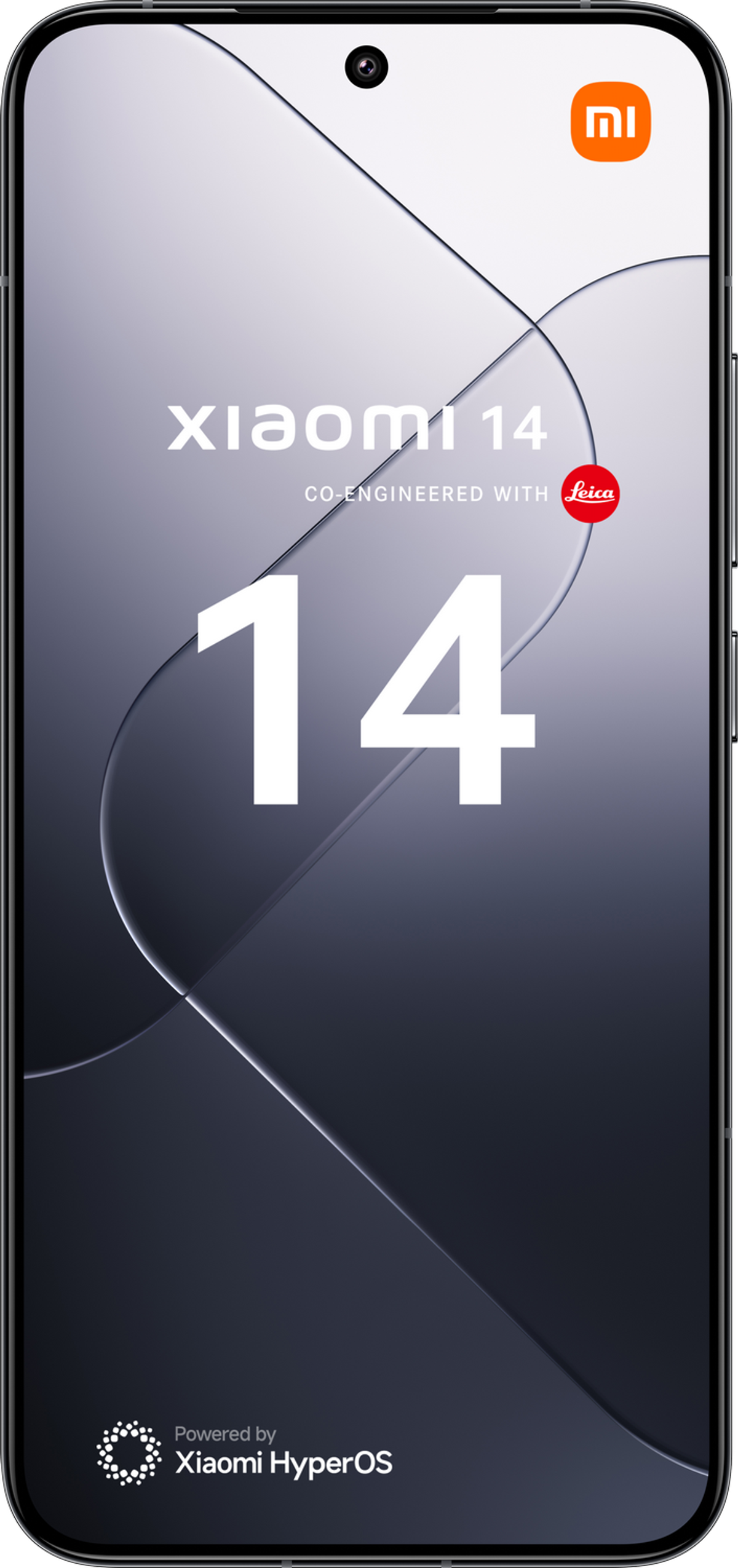 Smartfon Xiaomi 14. Ekran wyświetla numer 14, współtworzony z Leica.