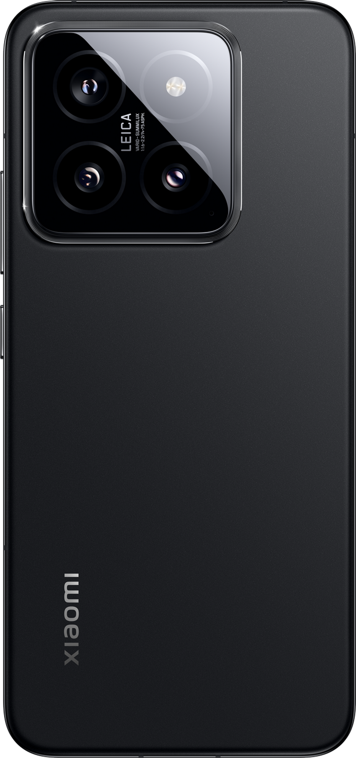 Czarny tył telefonu Xiaomi, obiektywy Leica, czarne tło, logo Xiaomi.