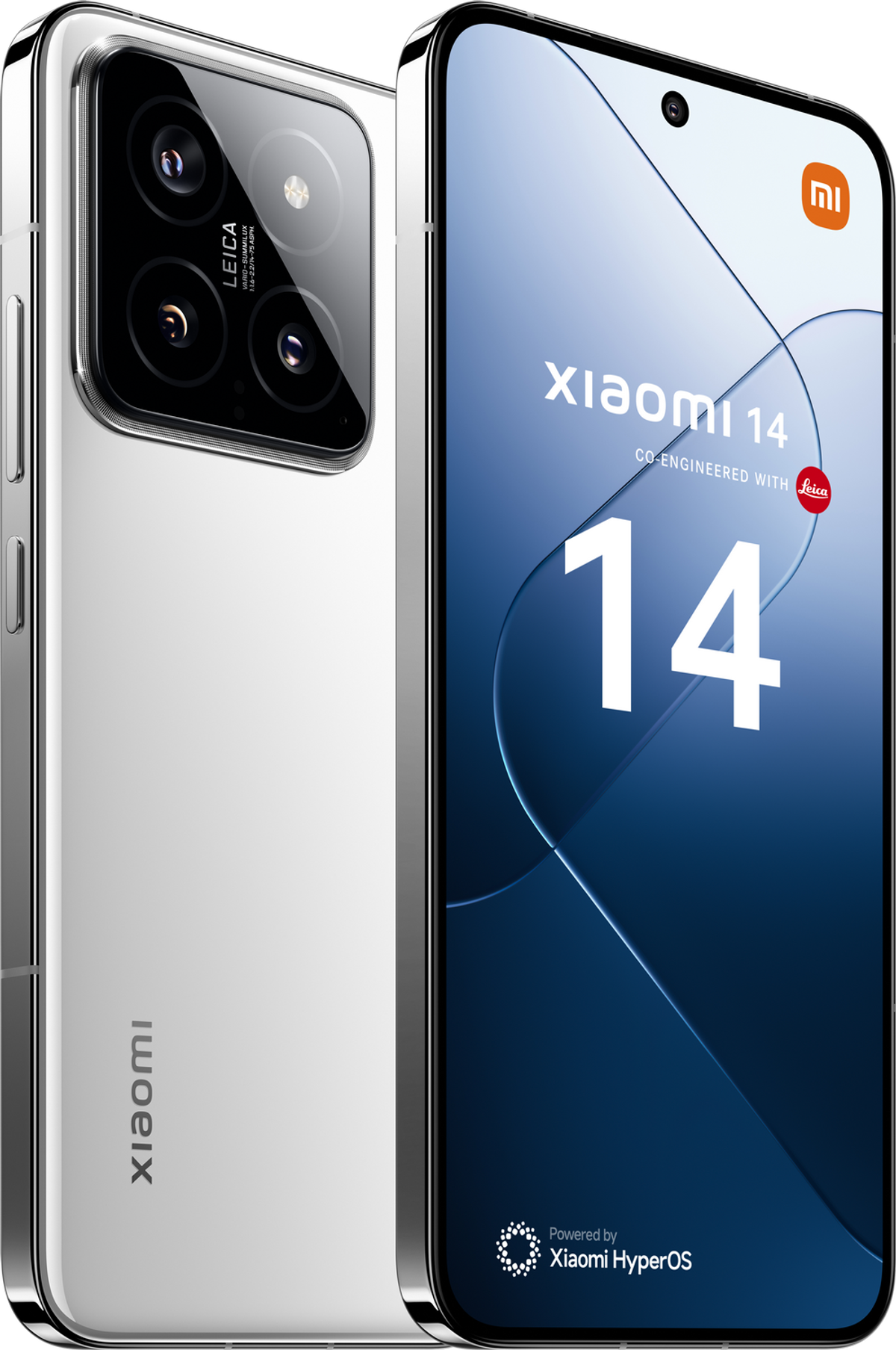 Dwa białe smartfony z wieloma aparatami. Ekrany wyświetlają logo i tekst.