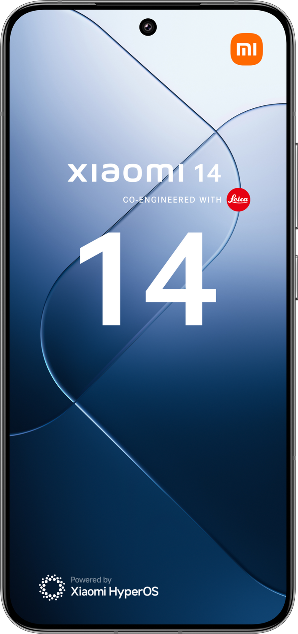Smartfon z niebieskim ekranem, na którym widnieje logo Xiaomi 14 i logo Leica.