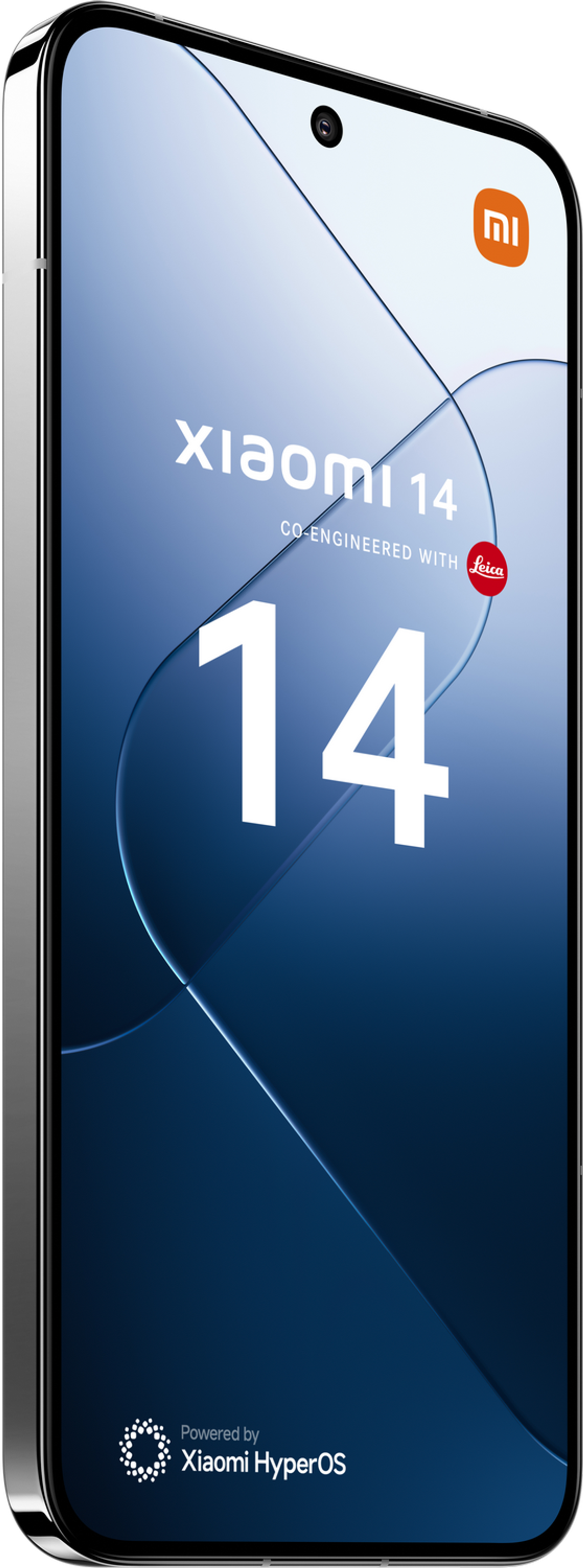 Nowoczesny smartfon z niebieskim gradientem na ekranie, wyświetlający logo i markę Xiaomi 14.