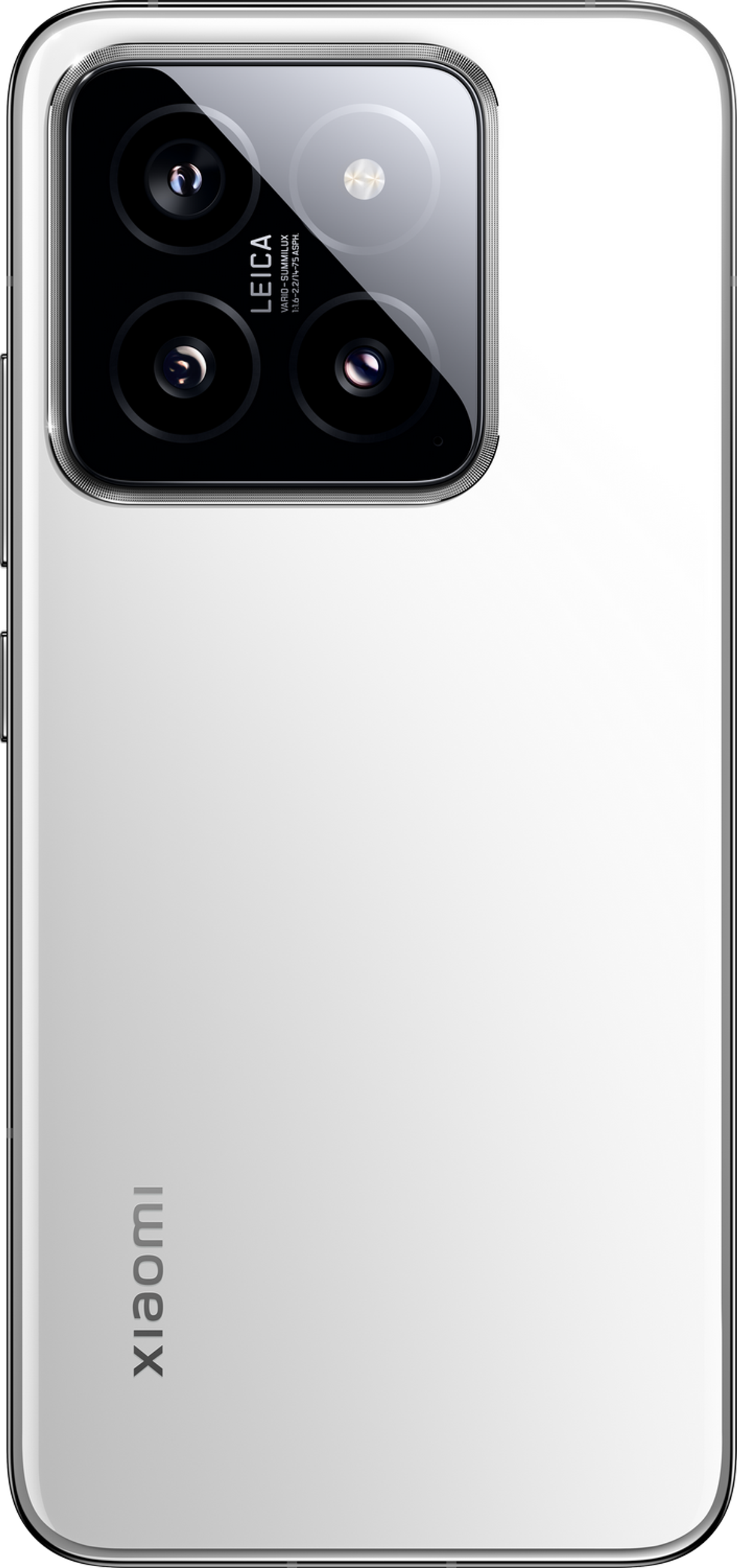 Biały tył smartfona z trzema aparatami, obiektywem Leica i logo Xiaomi. Aparaty są w kwadracie.