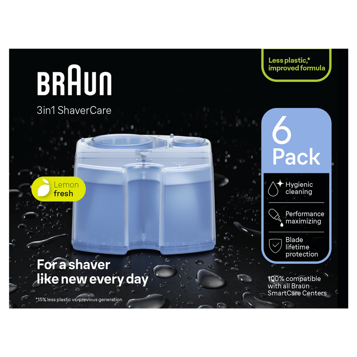 Caja Braun 3en1 ShaverCare. Cartucho azul, etiqueta Lemon Fresh y texto sobre limpieza y protección.
