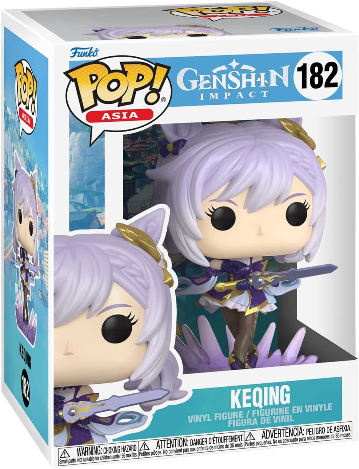 Scatola di figure Funko Pop!. Figura di Keqing esposta. Capelli viola, spada, Asia.