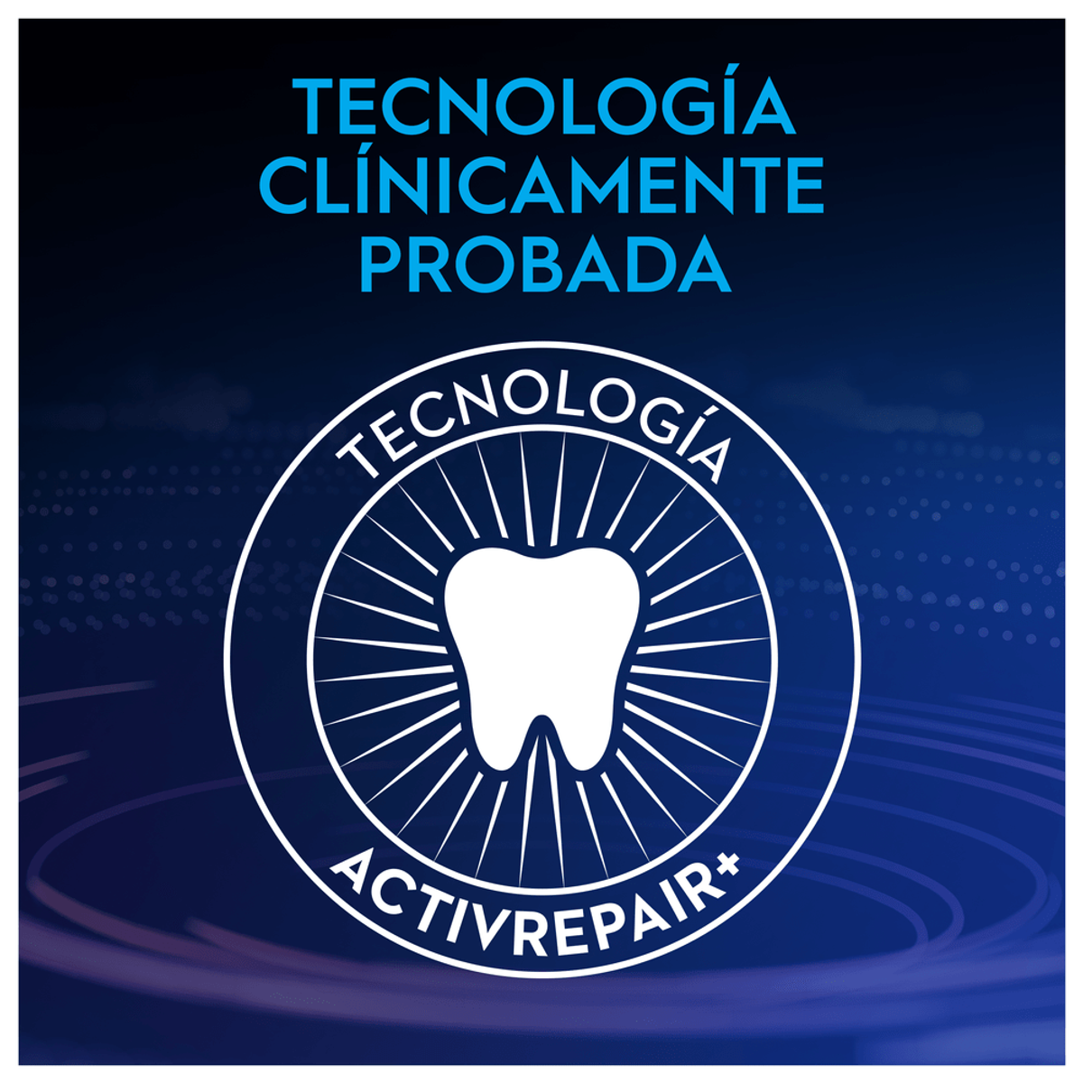 Immagine di un dente con un cerchio bianco e testo sulla tecnologia dentale in blu.