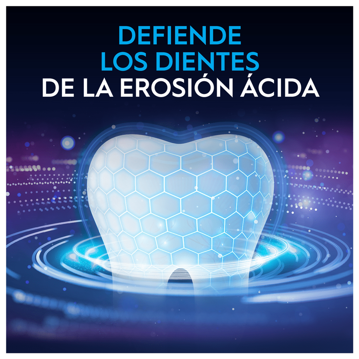 Un dente con uno scudo protettivo circondato da effetti di luce blu e viola.