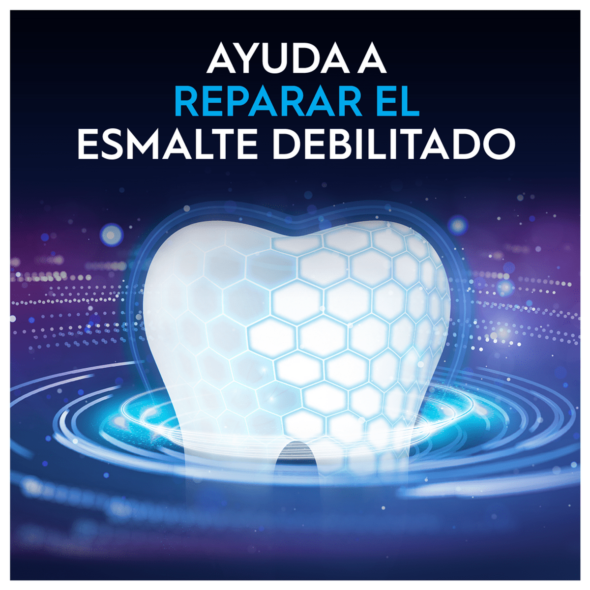 Un dente con una luce blu, che promuove la riparazione dello smalto. Linee di energia blu circondano il dente.