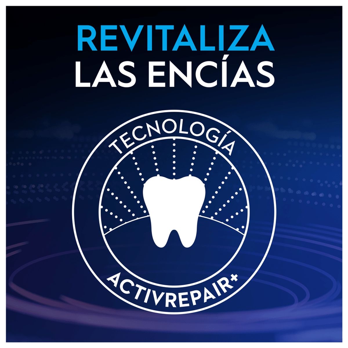 Immagine che promuove la salute dei denti e delle gengive, con un'icona di dente e le parole ACTIVREPAIR+ e TECNOLOGÍA.