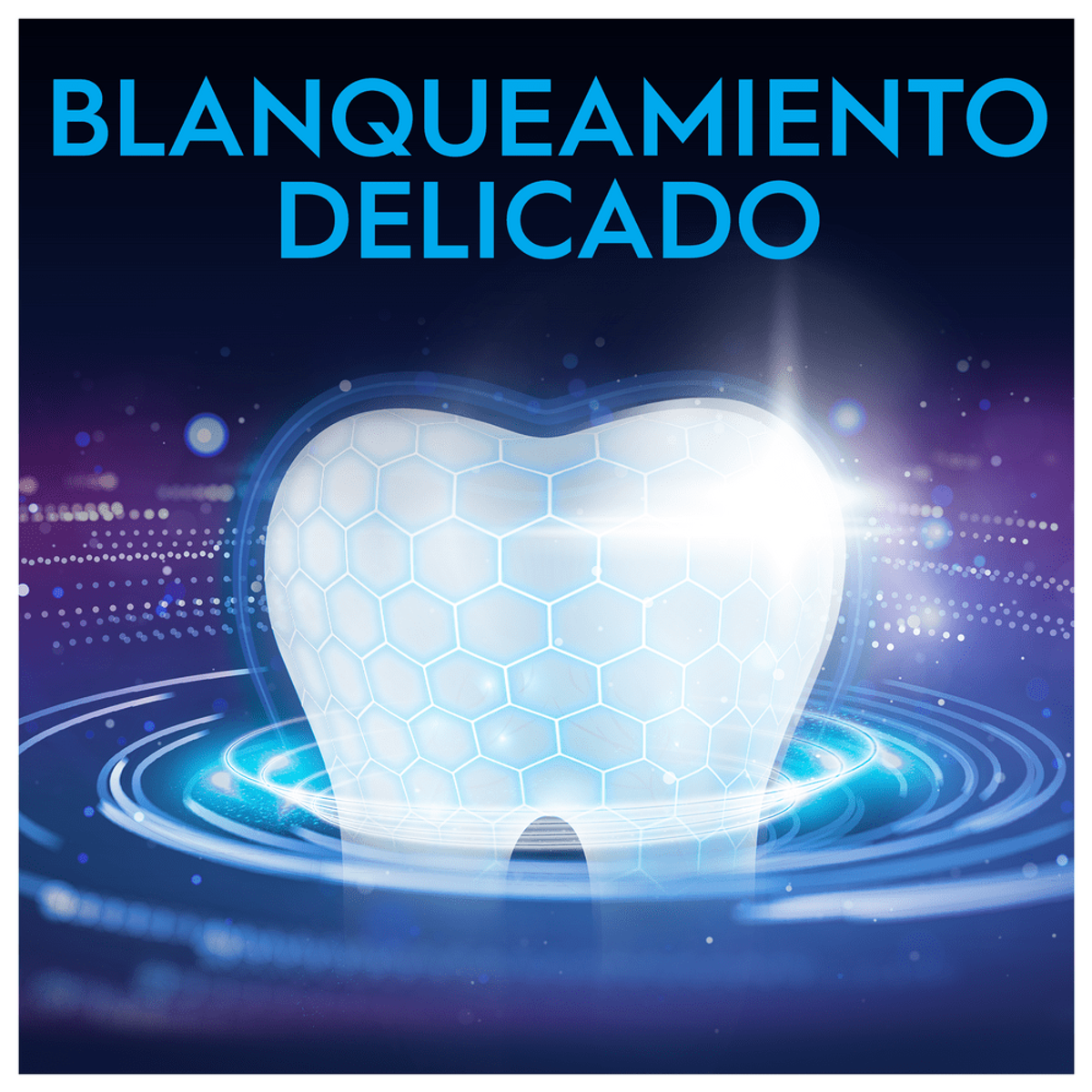Illustrazione dente brillante. Dente bianco con effetti di luce blu e testo. Sfondo scuro.