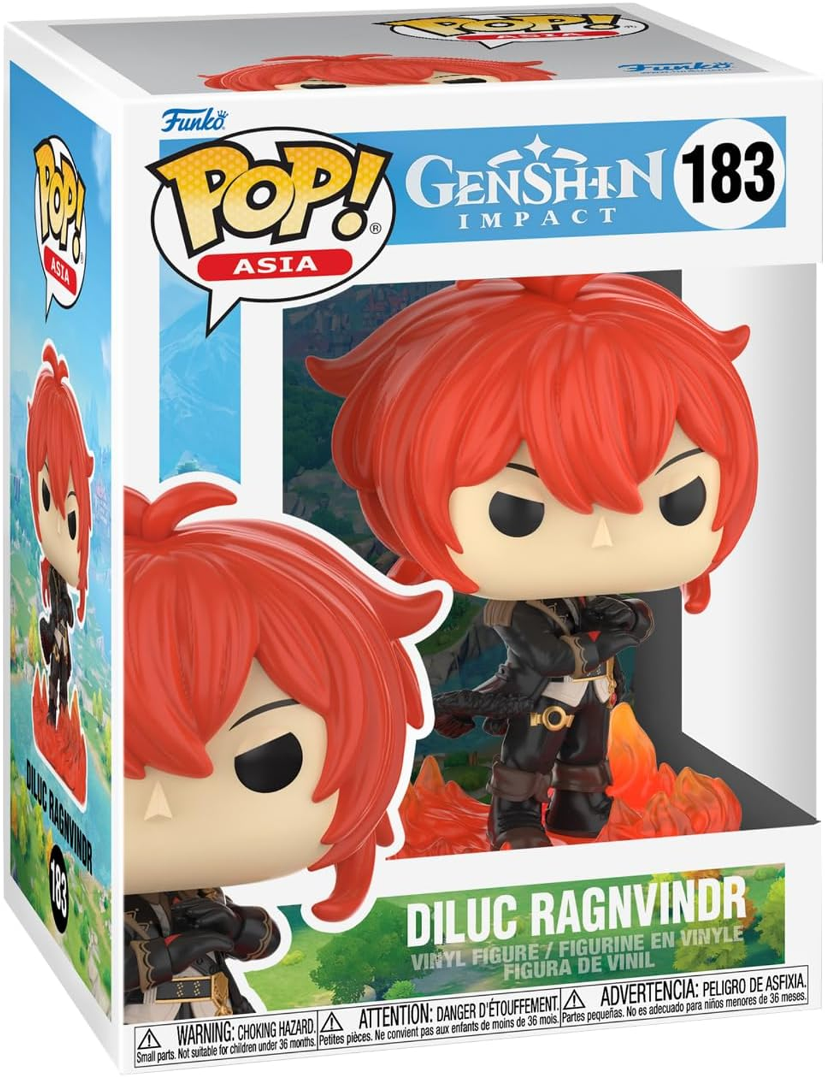 Scatola di una statuina Funko Pop! di Diluc da Genshin Impact. La figura ha i capelli rossi.