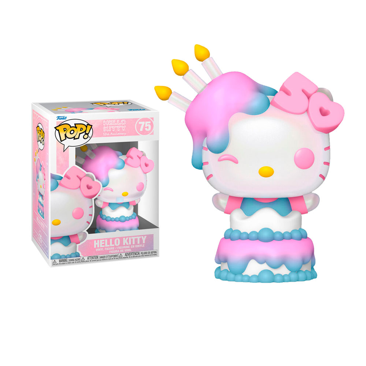 Figura di Hello Kitty su una torta con candele, scatola sullo sfondo. È un'edizione del 75° anniversario.