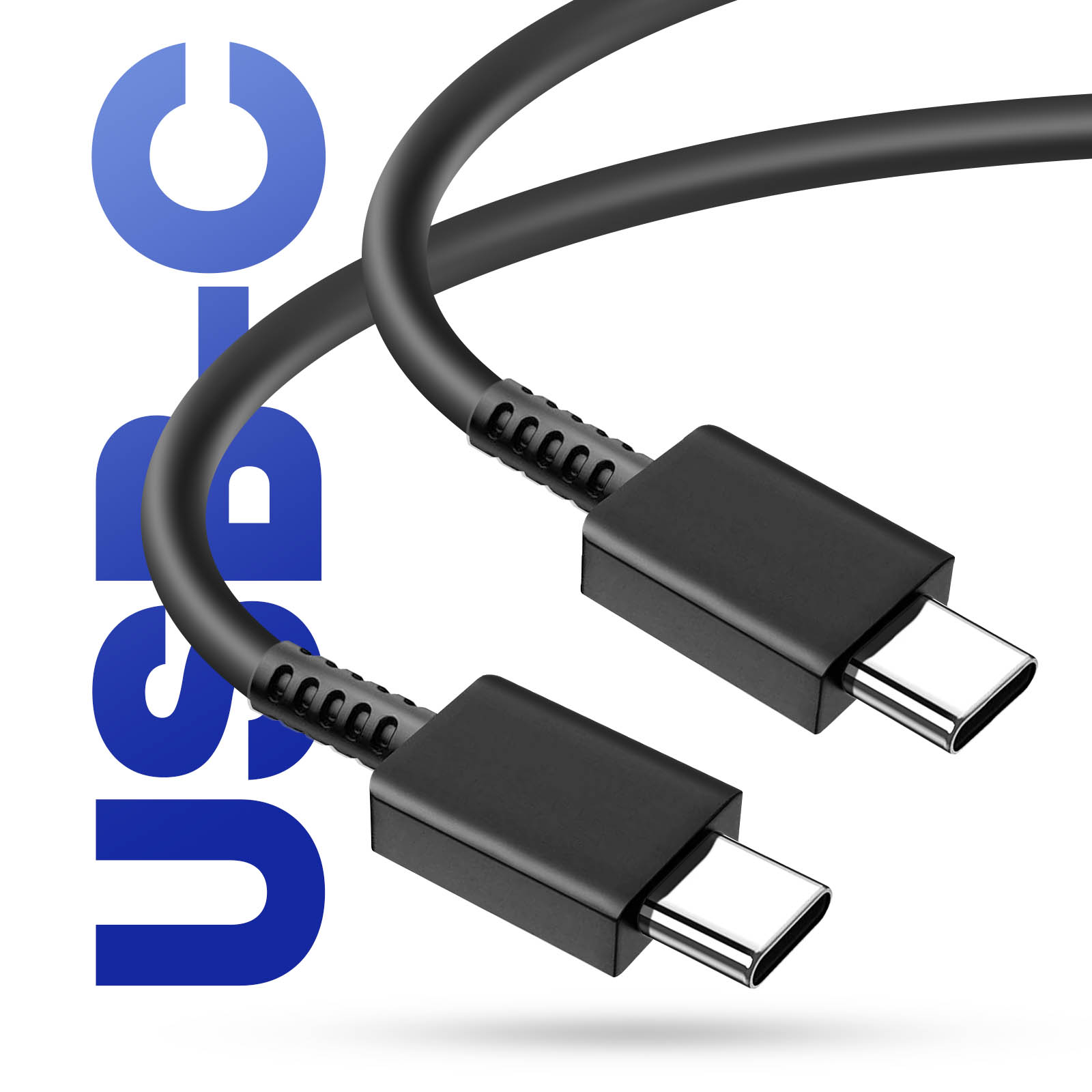 Due cavi USB-C neri con connettori neri. Il testo 'USB-C' è visualizzato in blu.