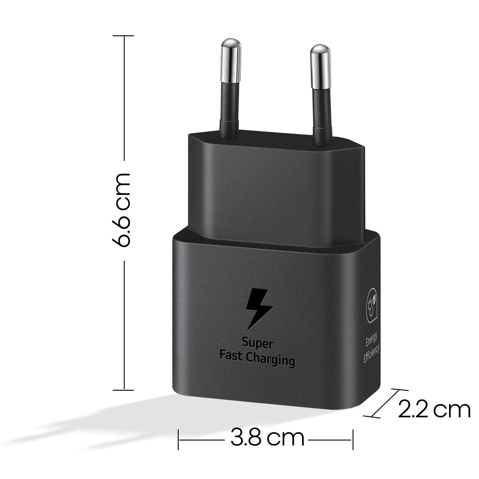 Caricatore nero con connettori, etichettato 'Super Fast Charging' e dimensioni mostrate.