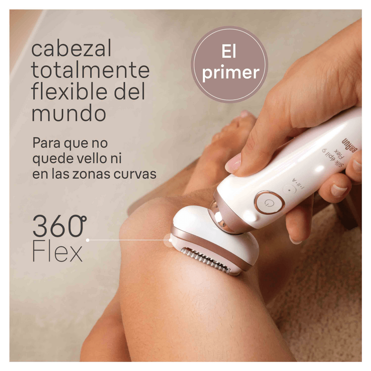 Osoba używająca Braun Silk-épil na nodze. Tekst o elastyczności 360° i bezbolesnej depilacji.