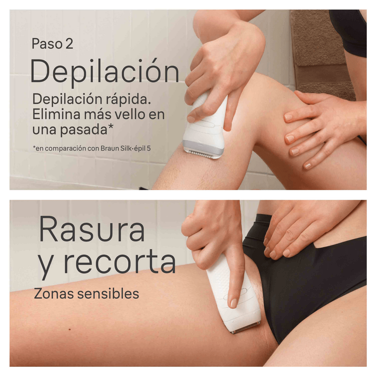Dwa obrazy pokazujące nogi i ramię golone depilatorem, w hiszpańskim tekście.