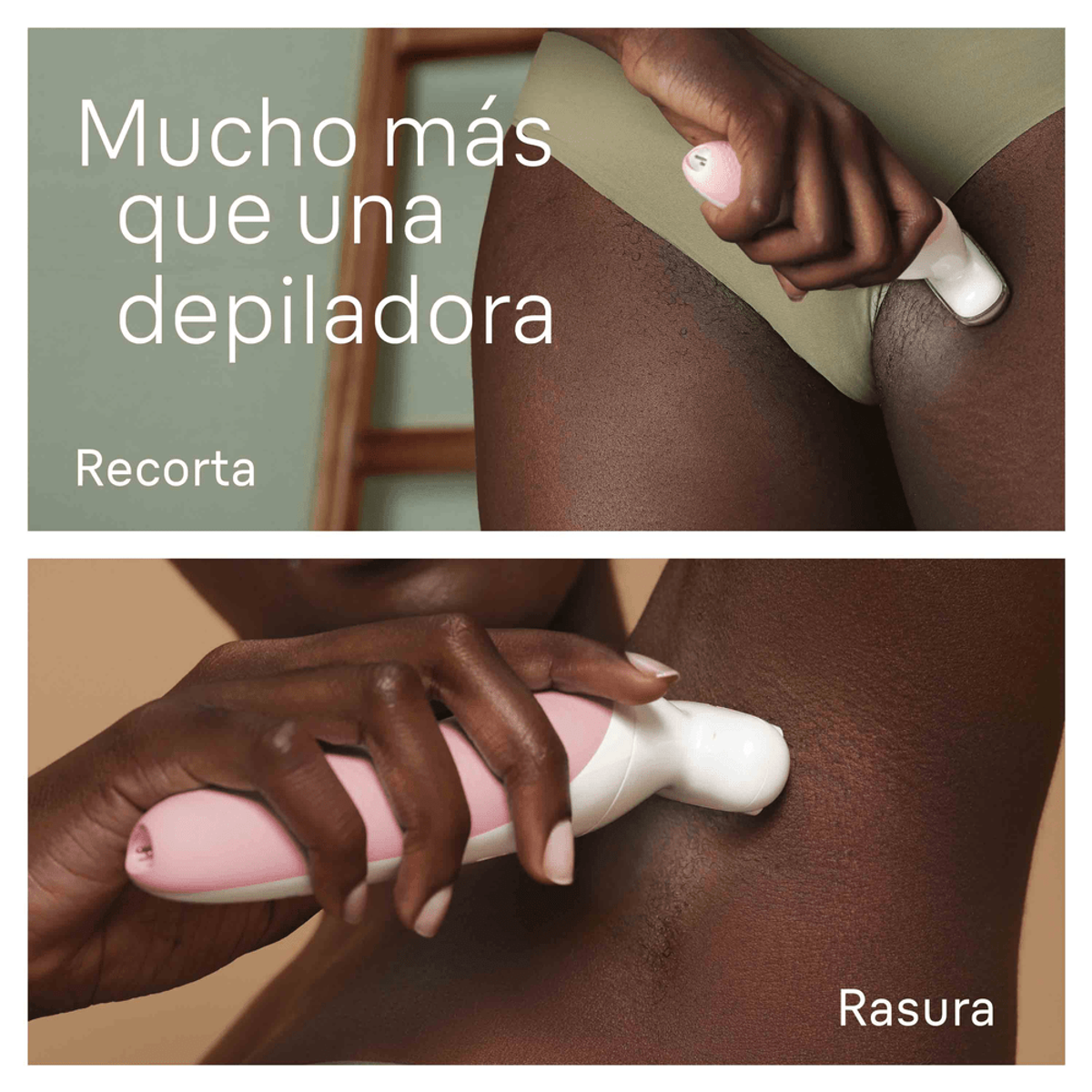 Dwa obrazy pokazujące osobę używającą urządzenia do depilacji. Tekst w języku hiszpańskim opisuje działanie.
