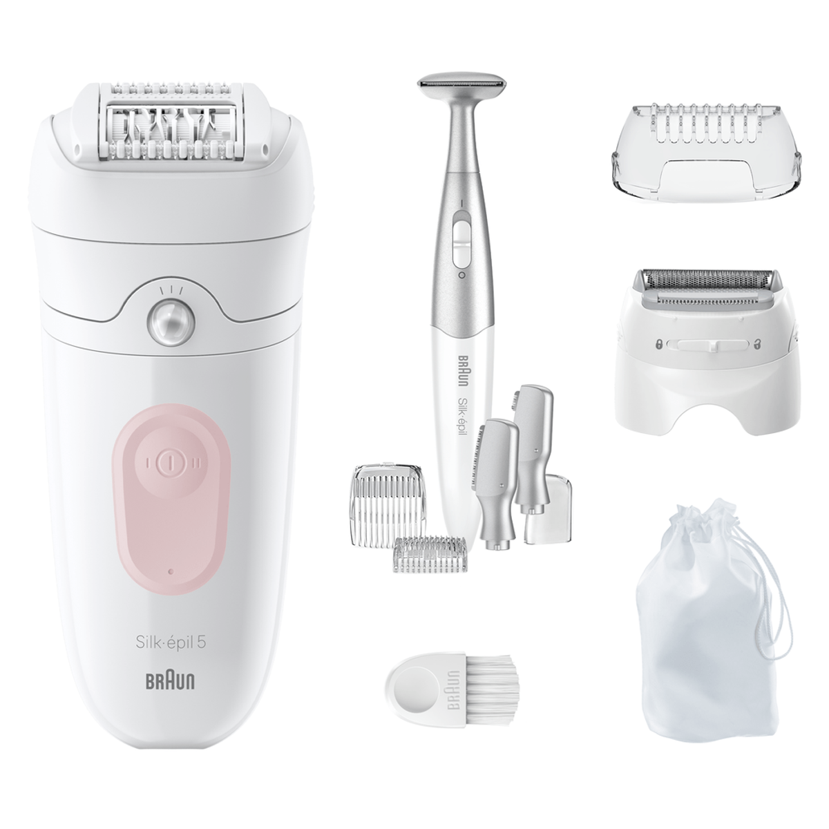 Braun Silk-épil 5 epilatör ve aksesuarları. Beyaz ve pembe, çeşitli başlıklar.