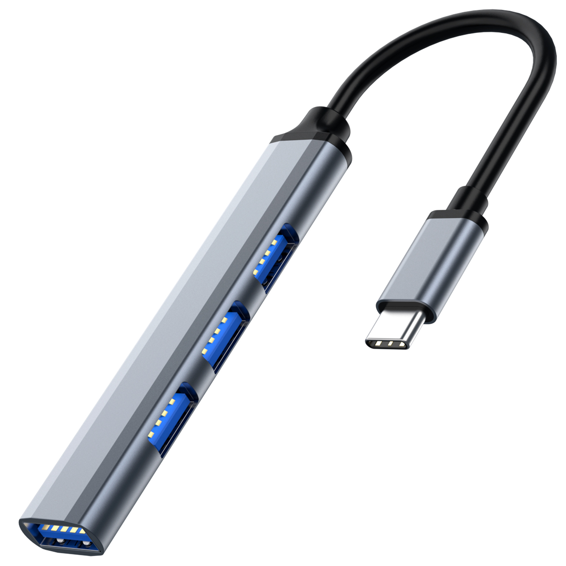 USB-Hub mit 3 USB-Anschlüssen und einem USB-C-Anschluss, silber-schwarz.