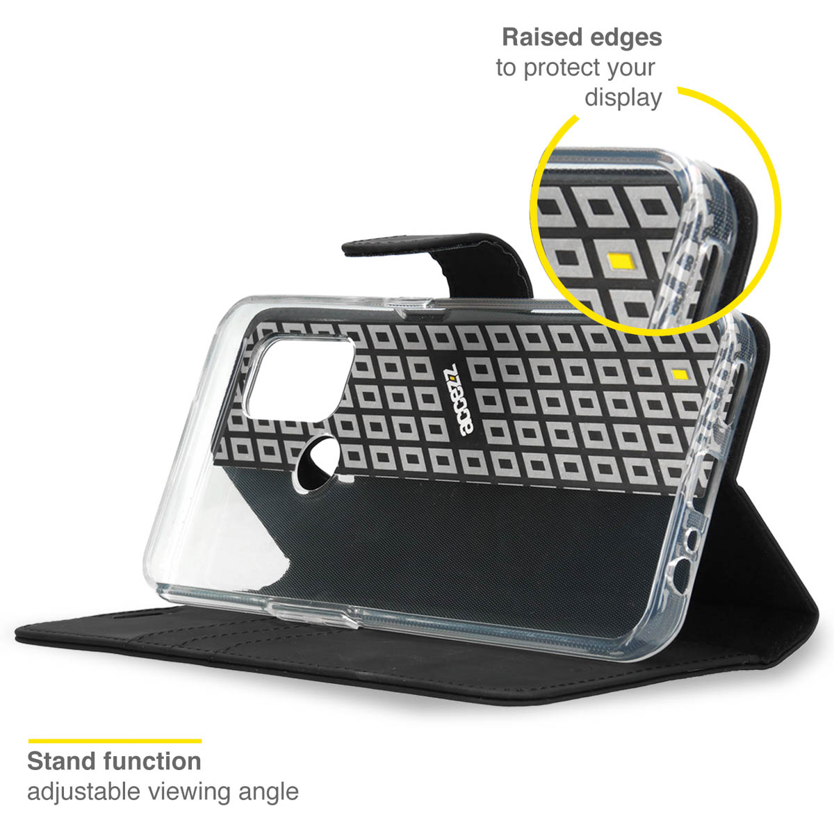 Coque de téléphone noire avec téléphone à l'intérieur. Bords surélevés et fonction support mis en évidence.