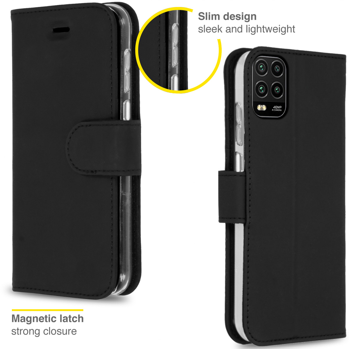 Étui de téléphone noir, fermé et ouvert, avec fermeture magnétique. Design élégant.