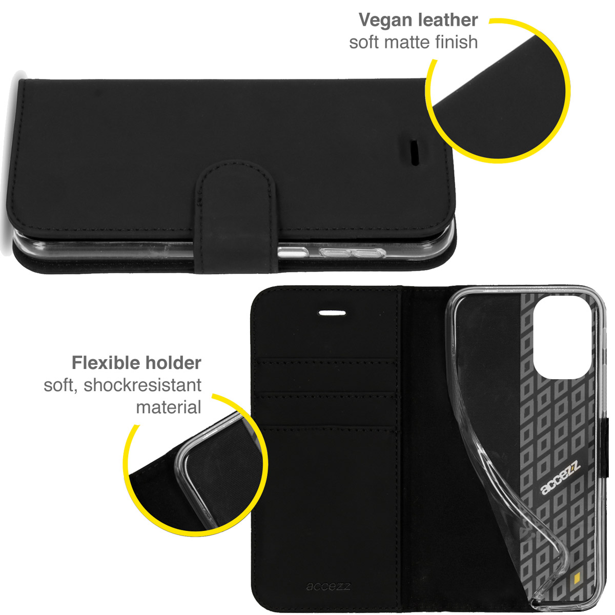 Étui de téléphone noir en cuir végétal, ouvert pour montrer l'intérieur avec le support de téléphone. Fini mat doux.
