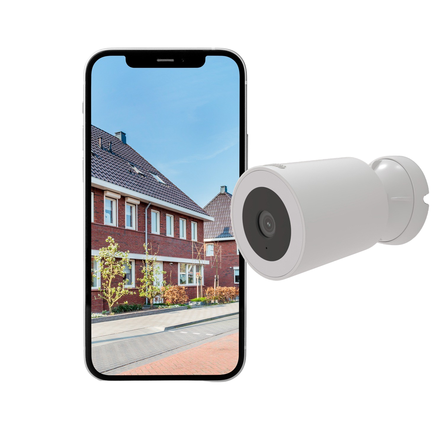 Inteligentna kamera do monitoringu domu z telefonem pokazującym widok ulicy i domów.