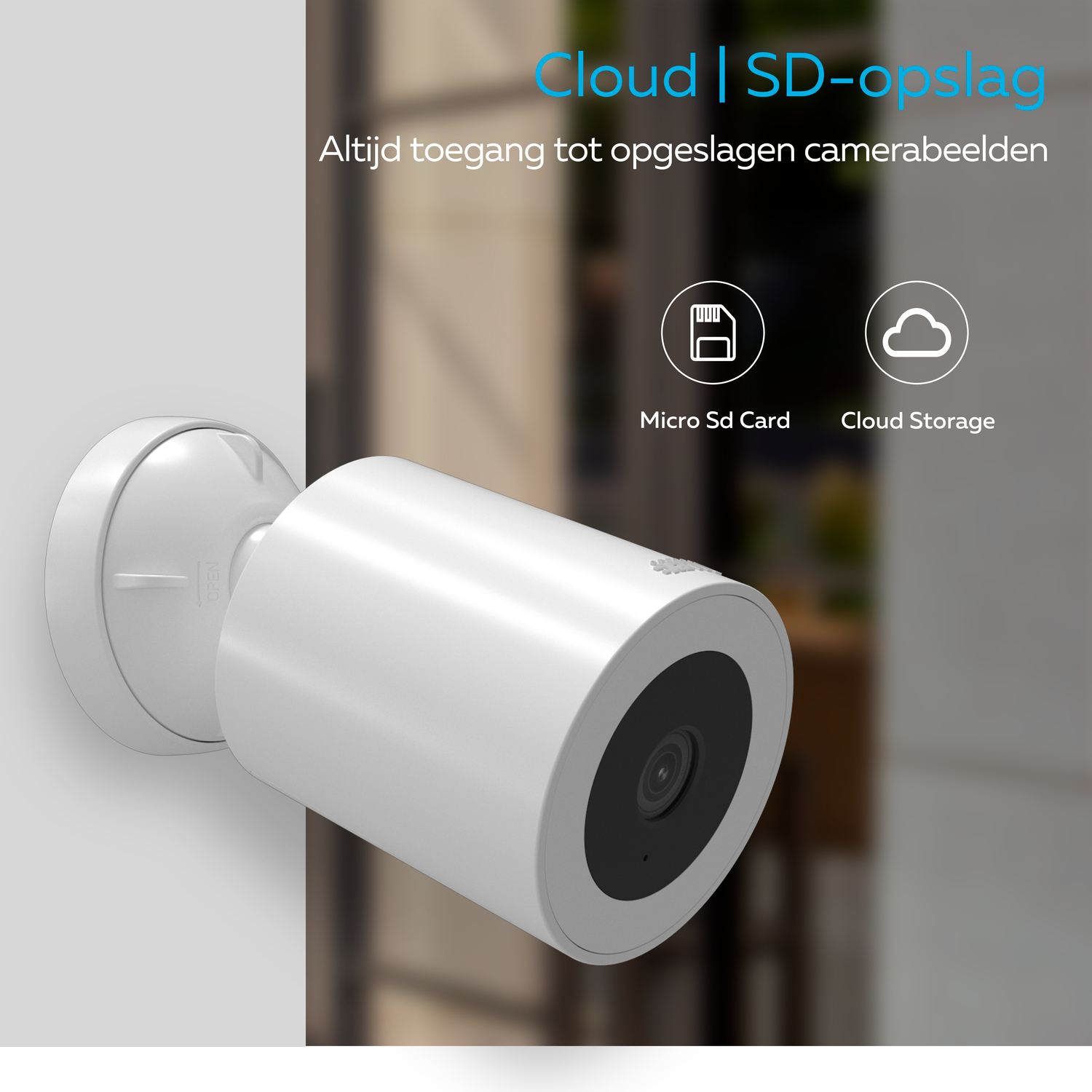 Biała kamera bezpieczeństwa z czarnym obiektywem, zamontowana na ścianie.