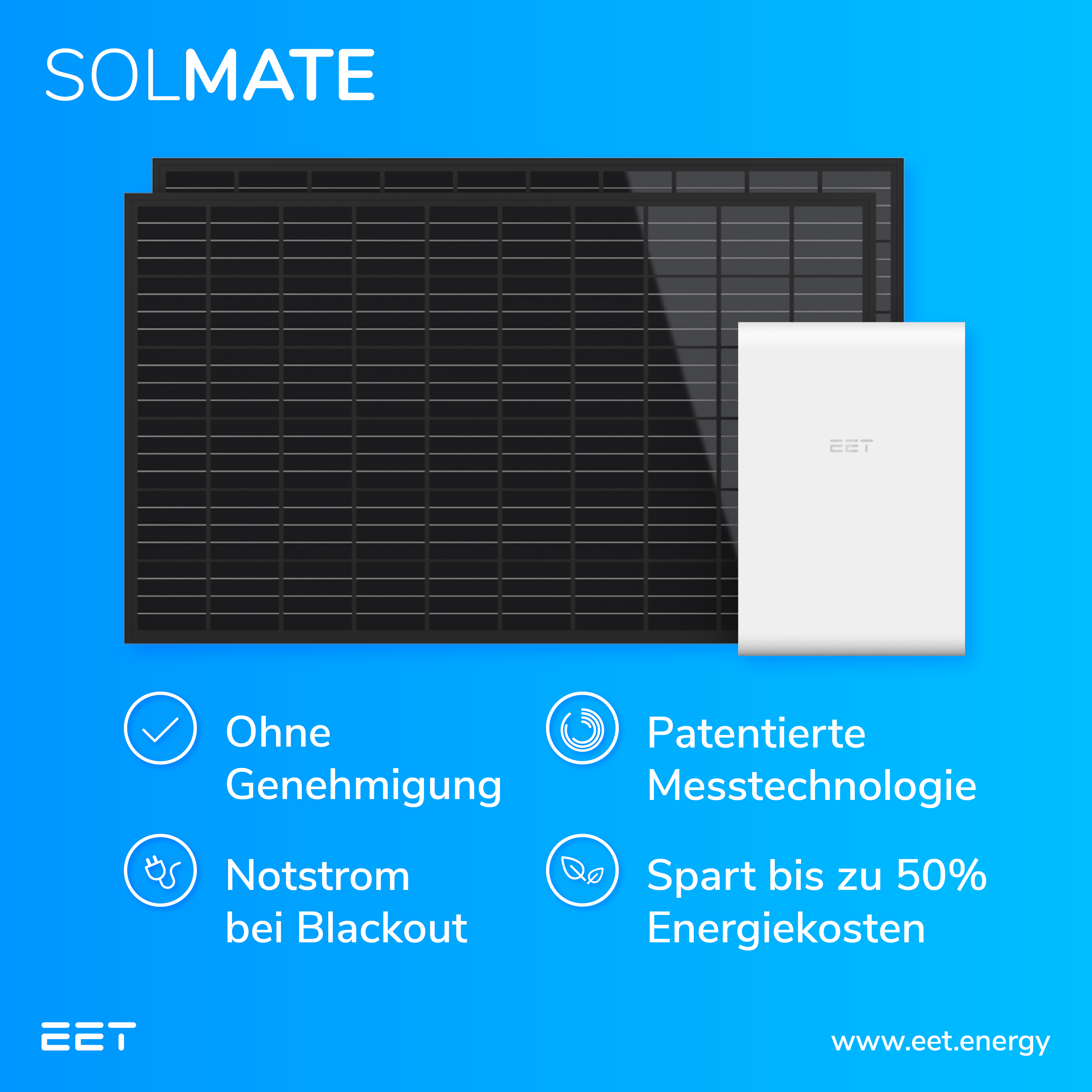Solarmodule und ein weißes Akkupack mit Text.