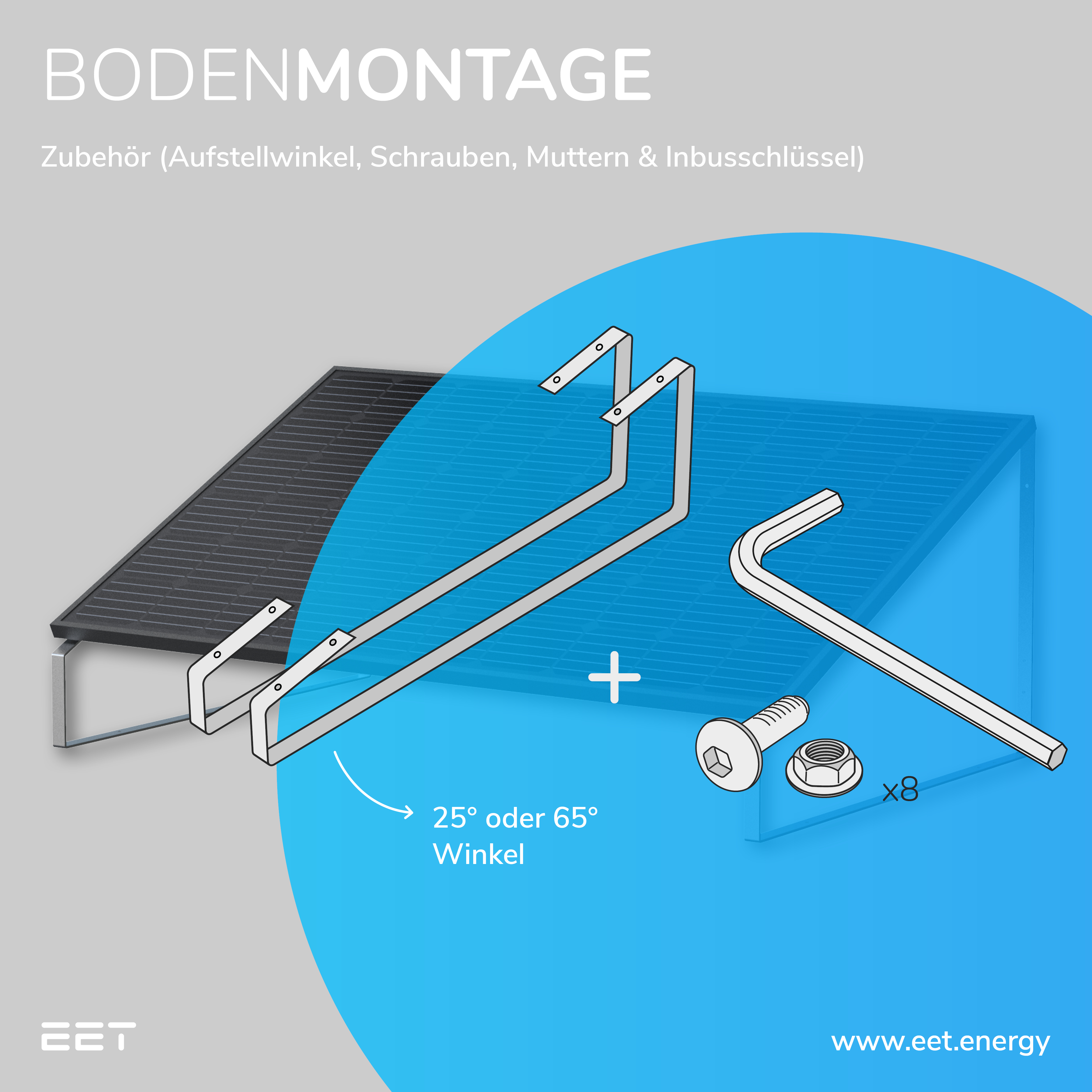 Diagramm mit Hardware zur Solarmontage, einschließlich Halterungen, Schrauben und einem Inbusschlüssel.