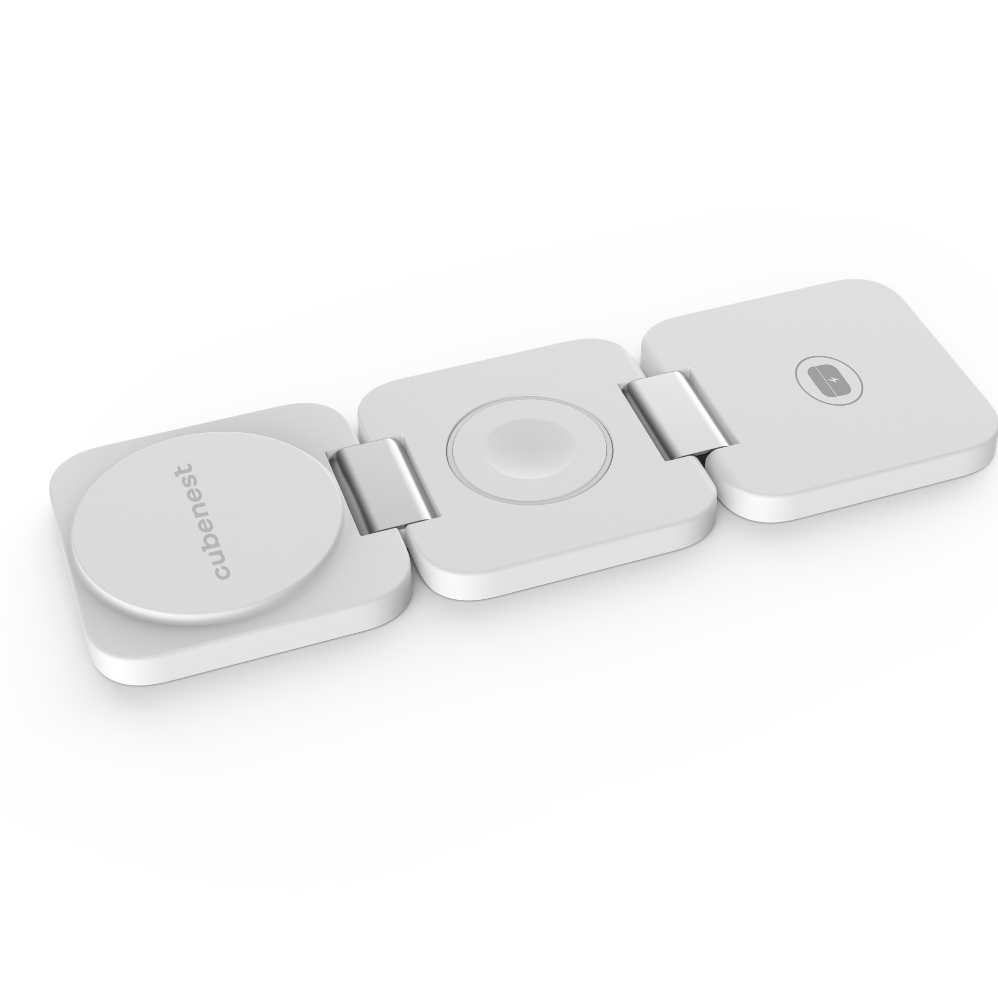 Weiße, faltbare Ladestation für Smartwatch. Hat ein rundes Ladepad und faltbare Teile.