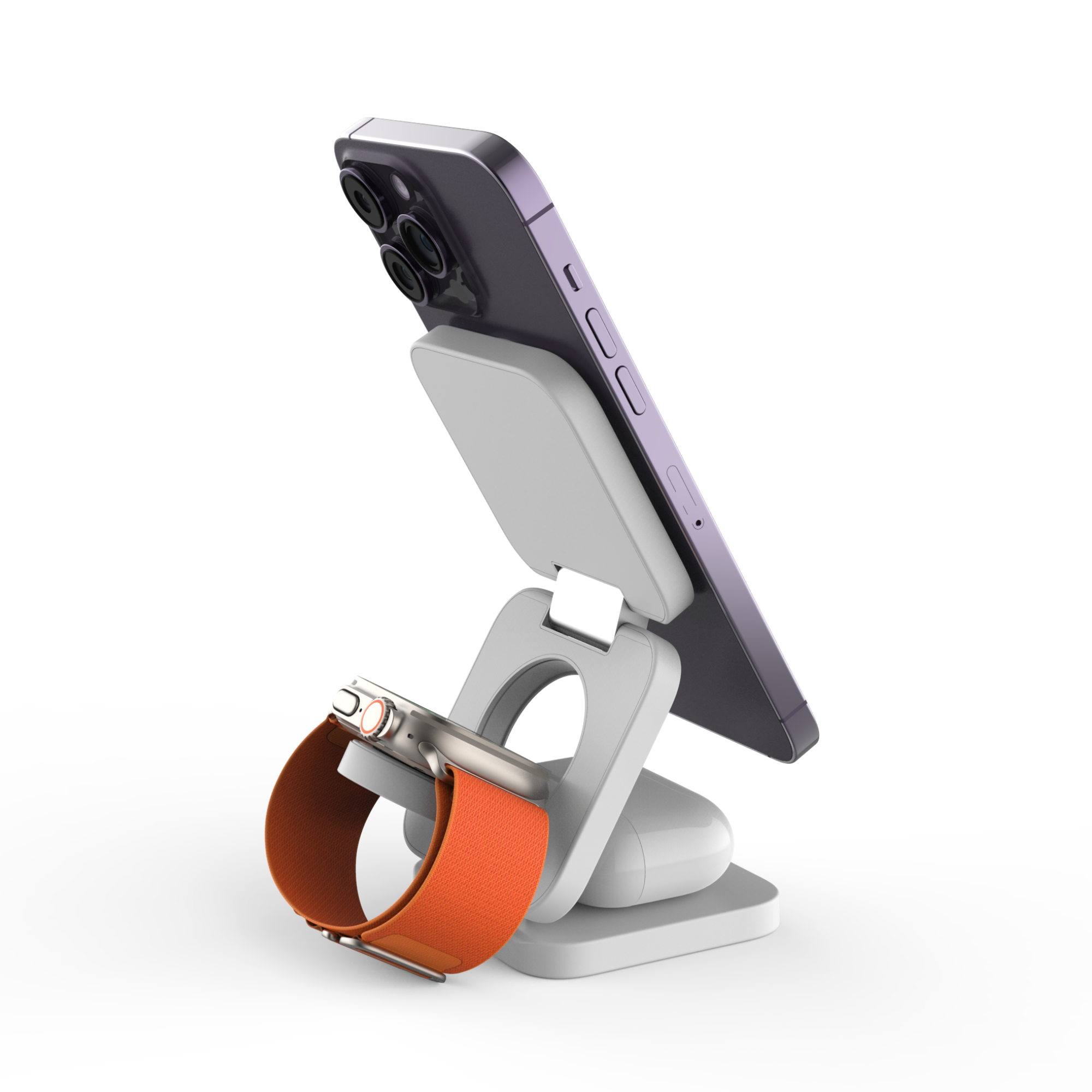 Ein Telefon, eine Smartwatch und Ohrhörer auf einem weißen Ständer, vor weißem Hintergrund.